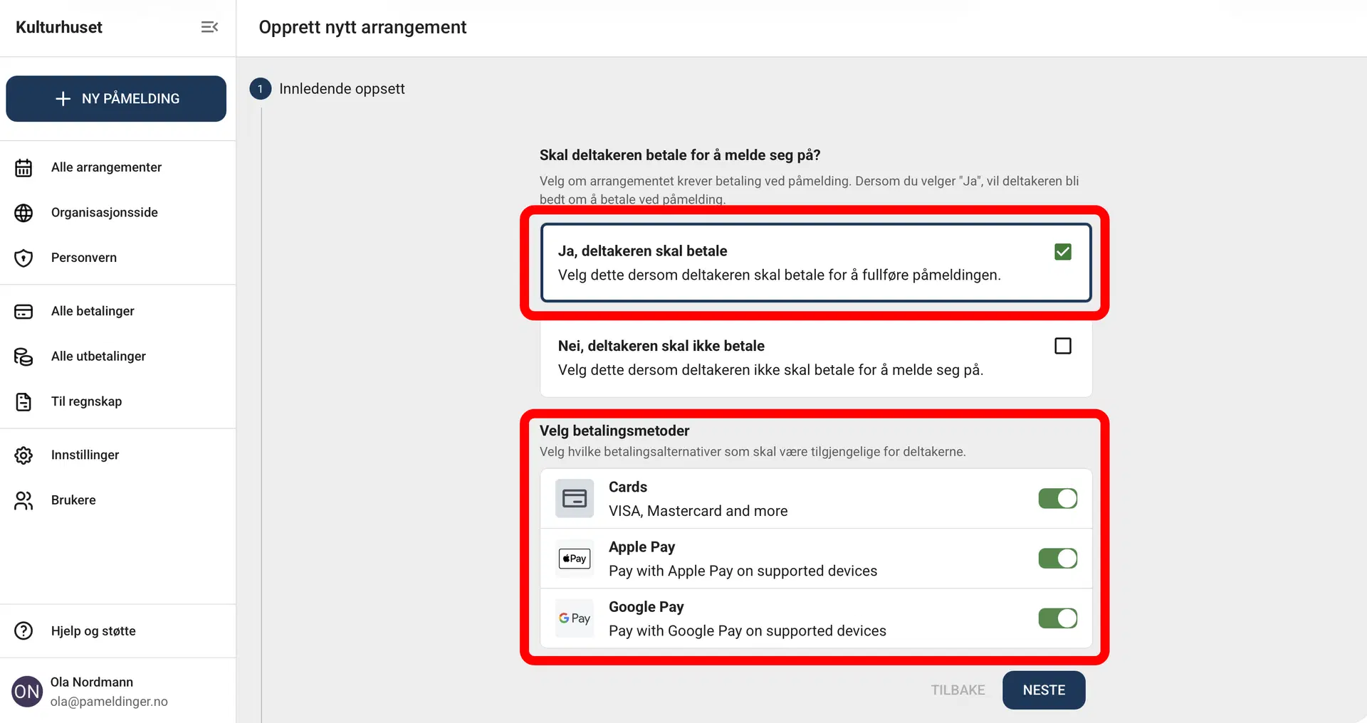Valg for betalt arrangement og betalingsmetoder