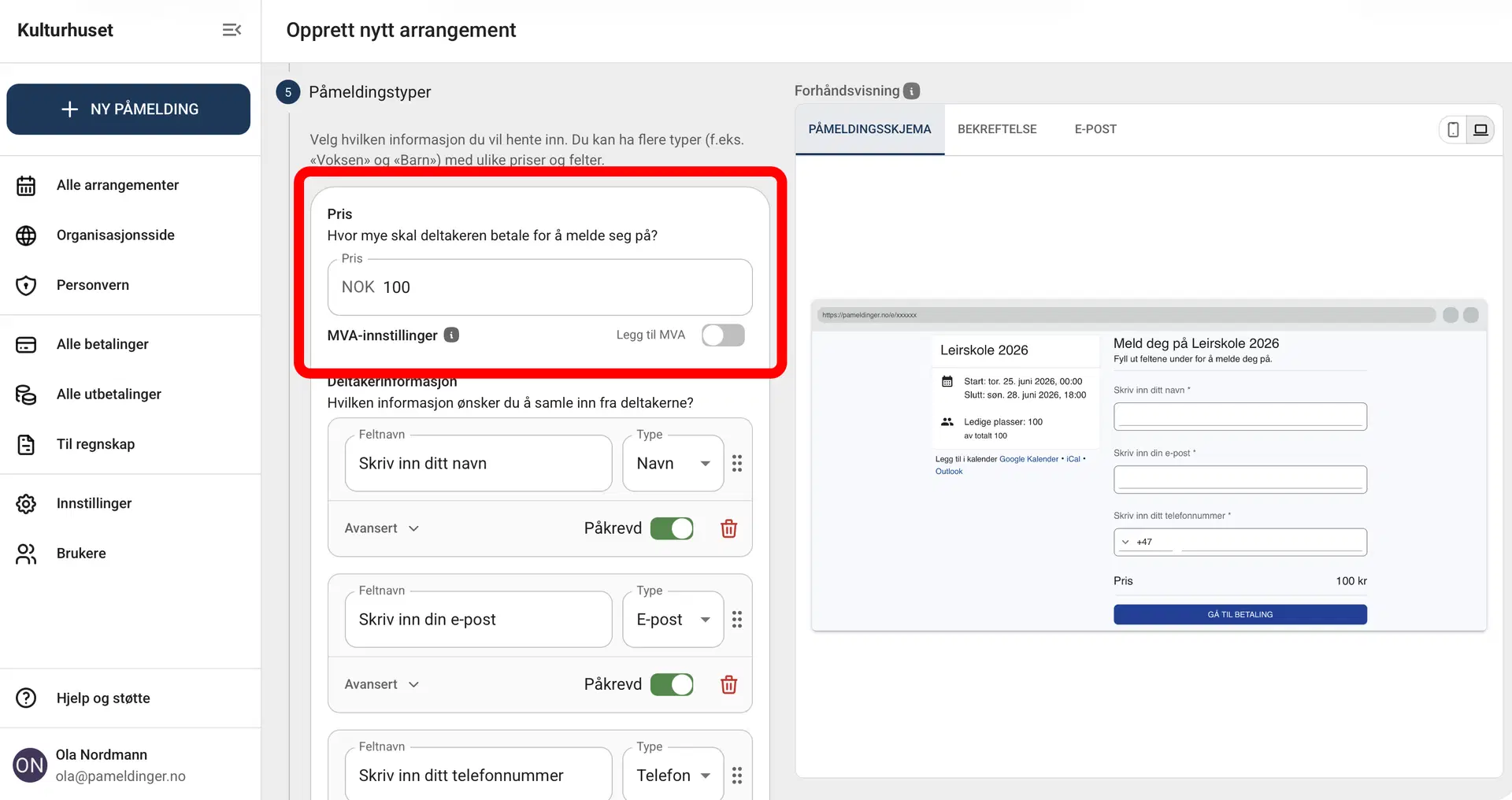 Valg for betalt arrangement og betalingsmetoder