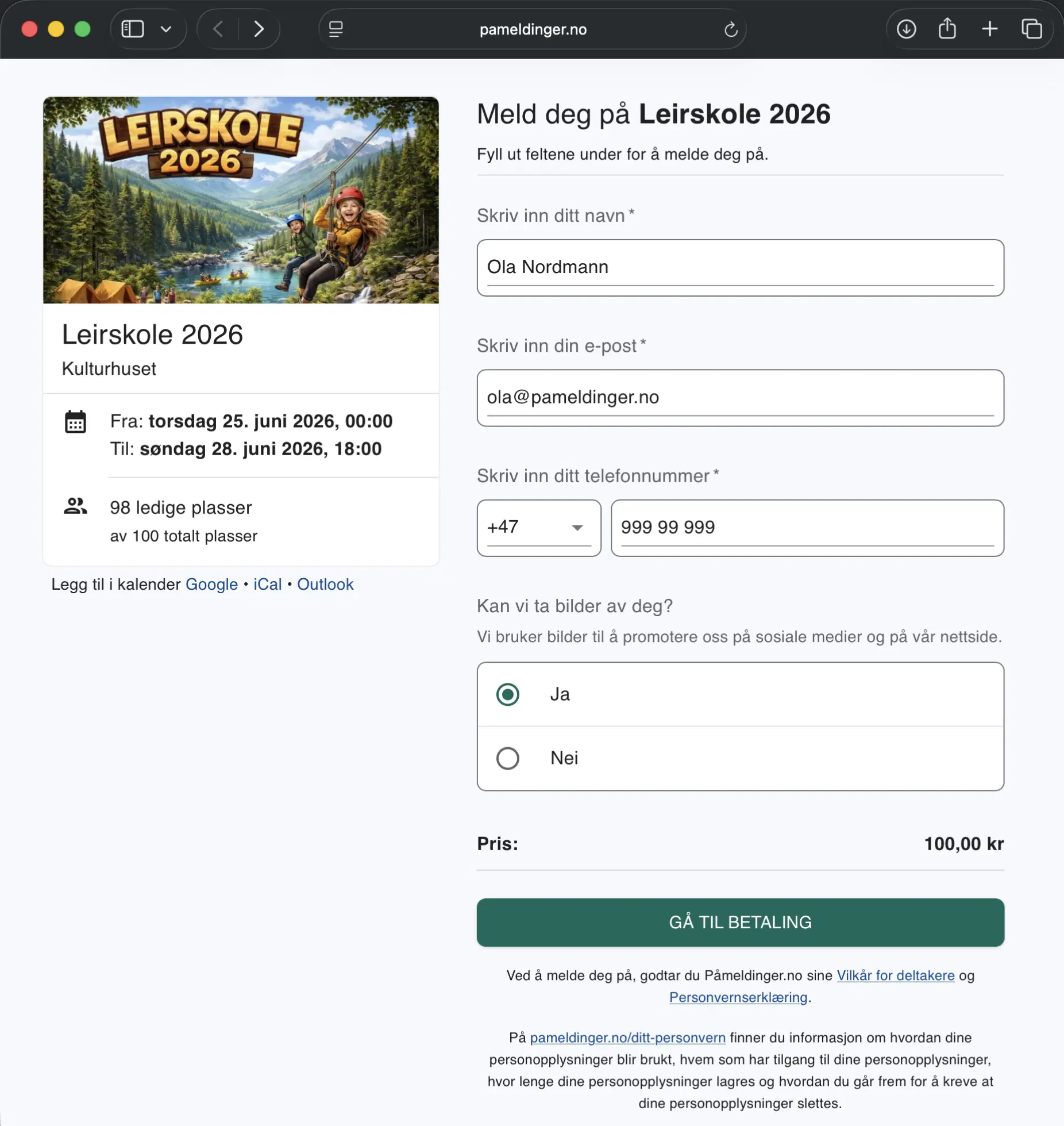 Påmeldingsside for betalt arrangement