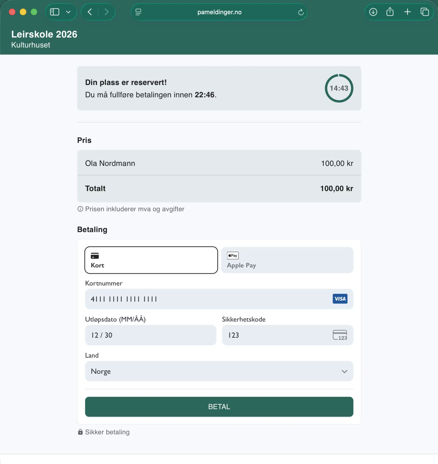 Betalingssteg i påmeldingen