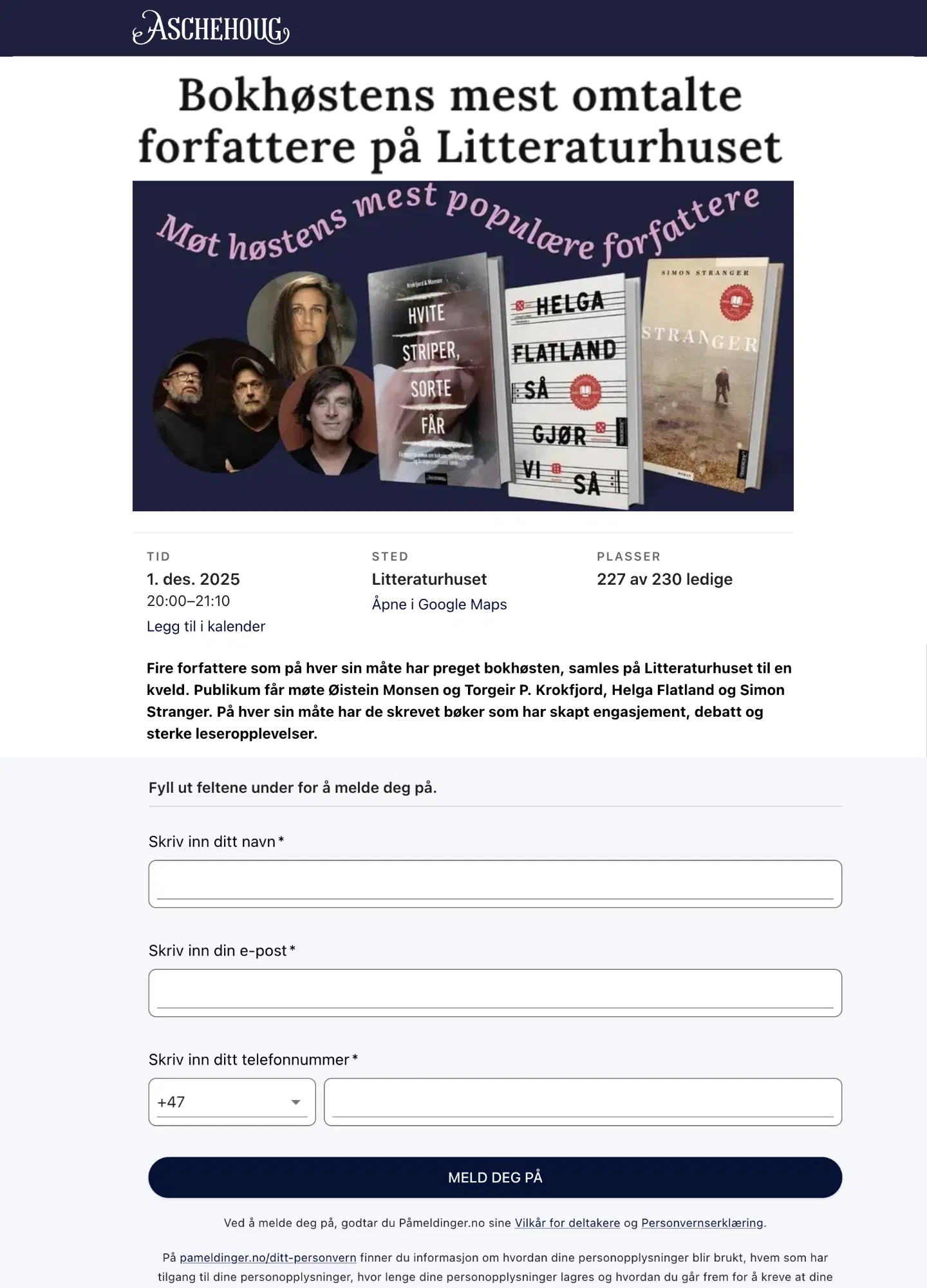 Påmeldingsskjema for kurs med pris og kontaktfelt