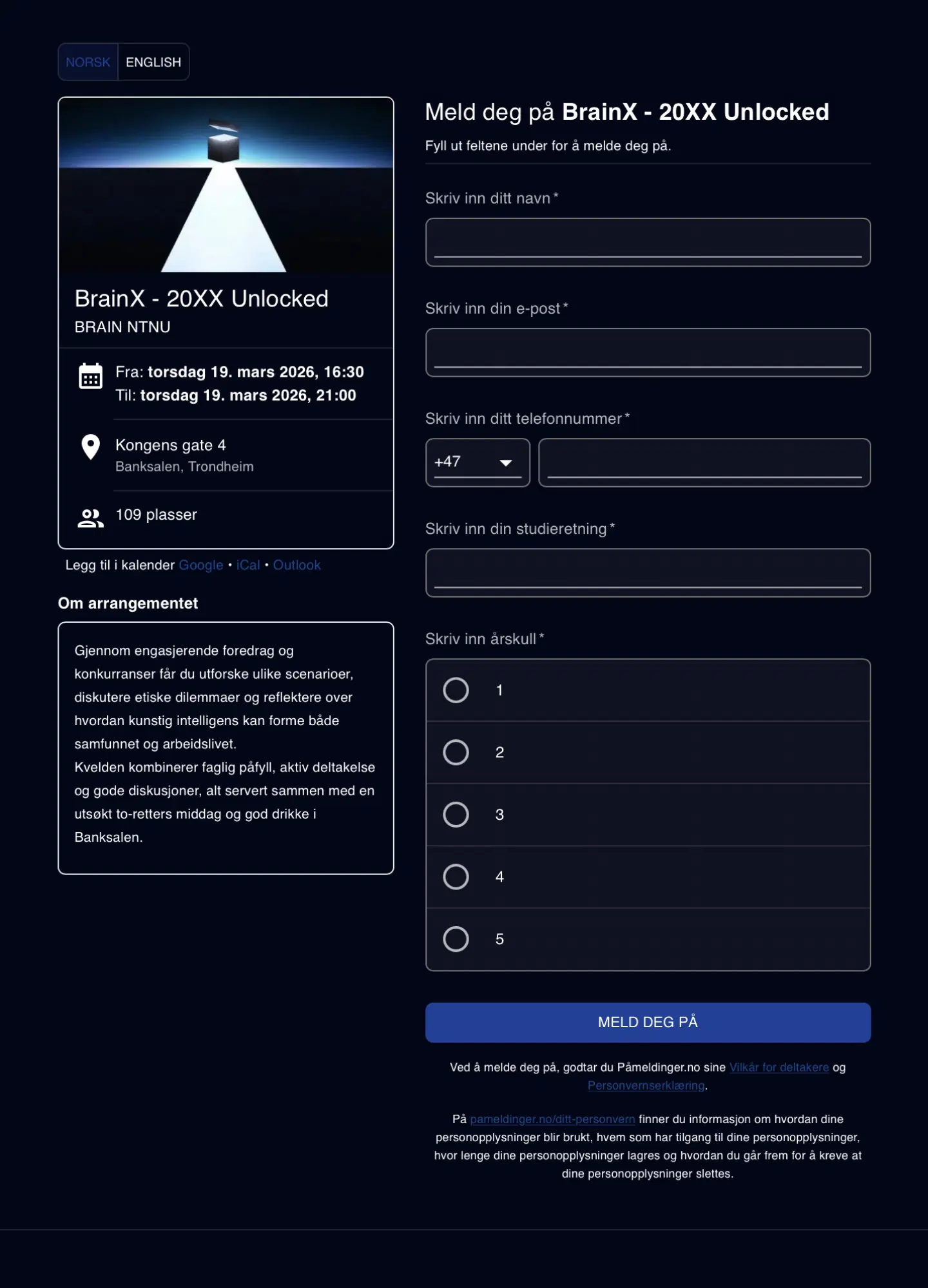 Påmeldingsskjema for frivillige med egne felter