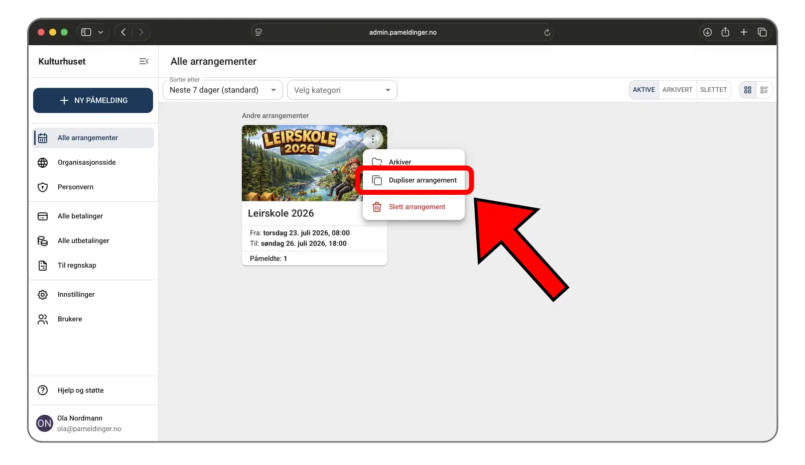 Valget for å duplisere arrangementet i menyen
