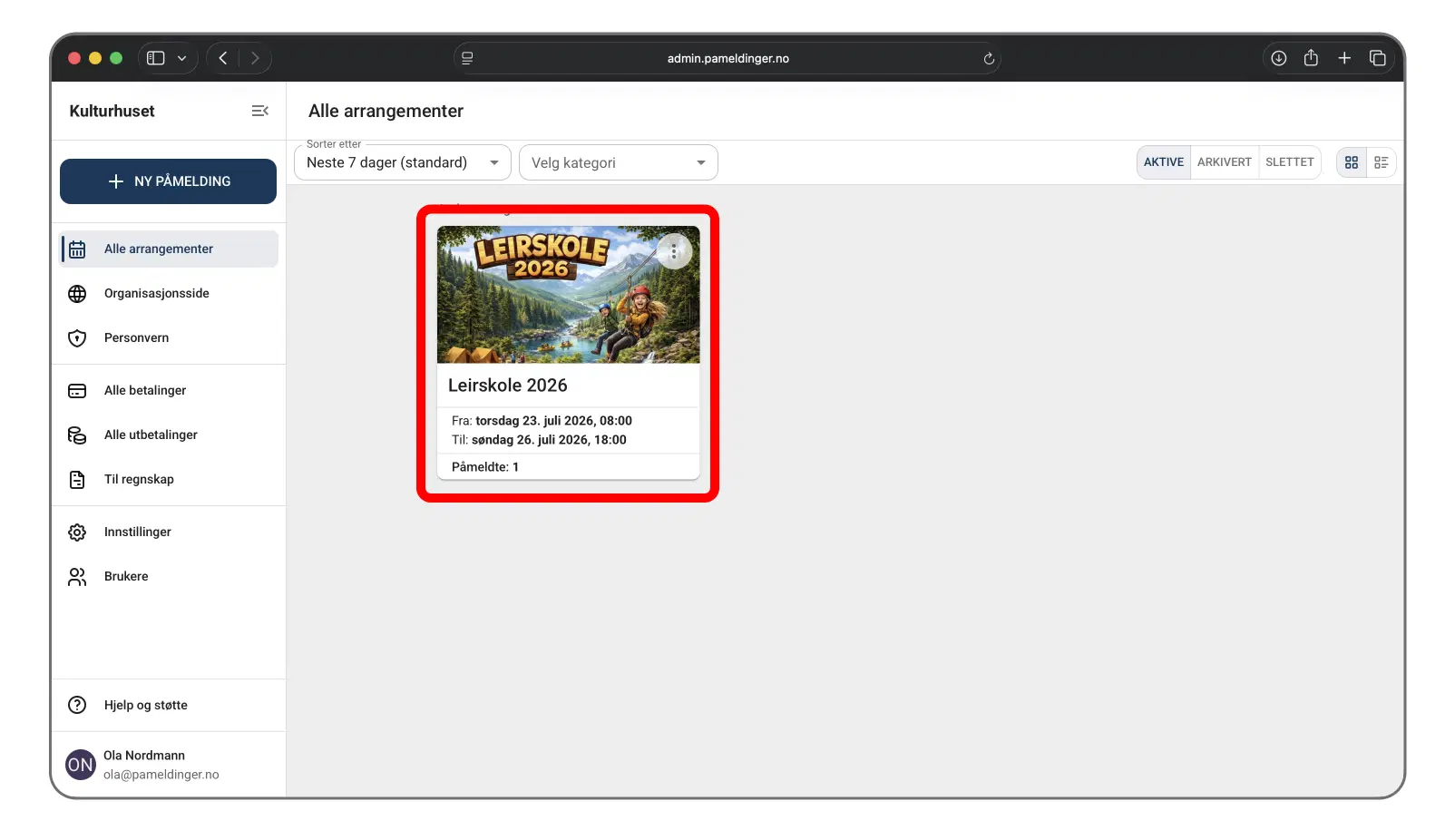 Oversikt over arrangementer i administrasjonspanelet