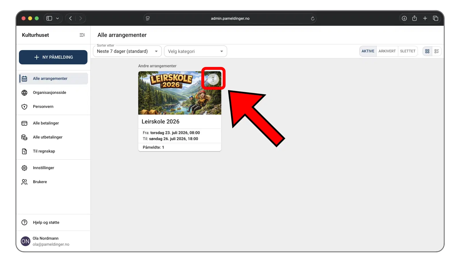 Menyvalg for et arrangement i oversikten