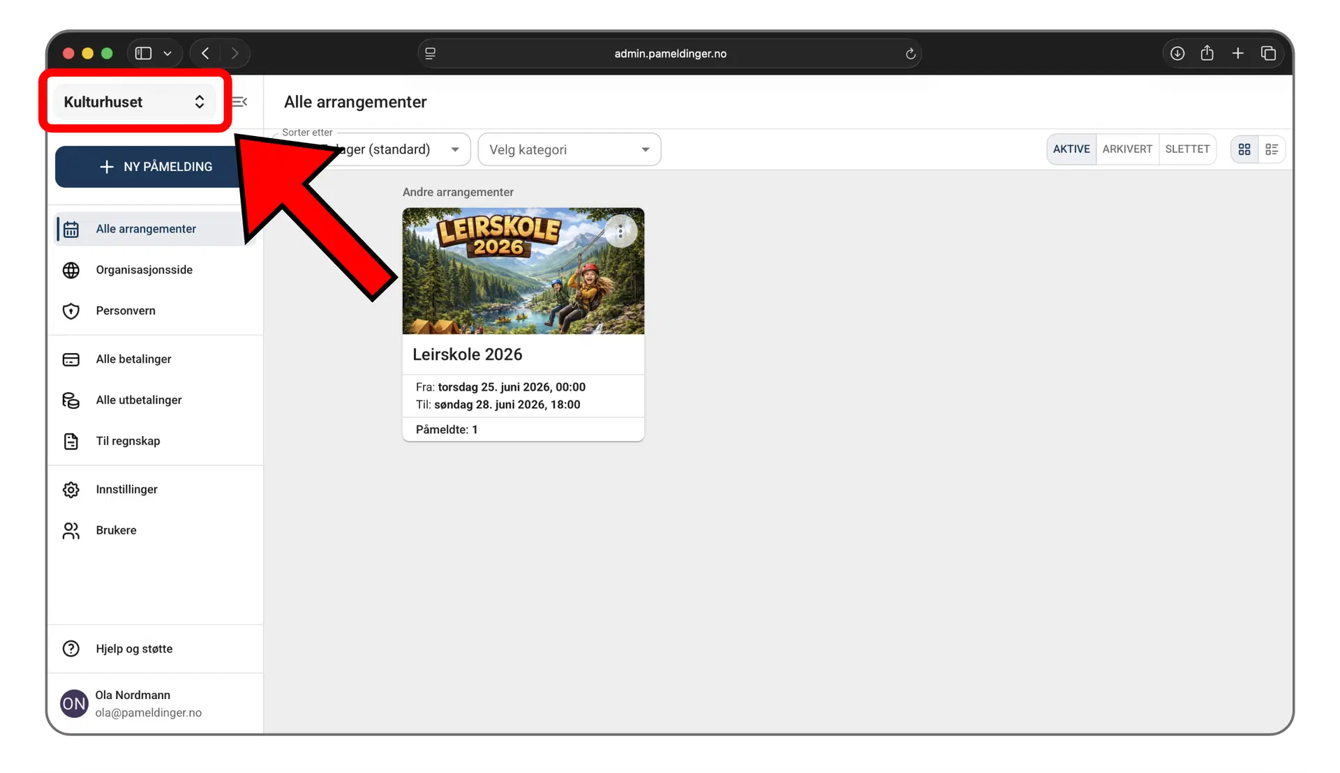 Meny for å bytte organisasjon i administrasjonspanelet