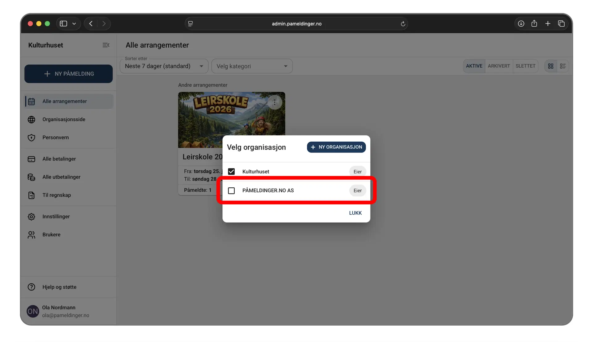 Velg organisasjonen du vil bytte til