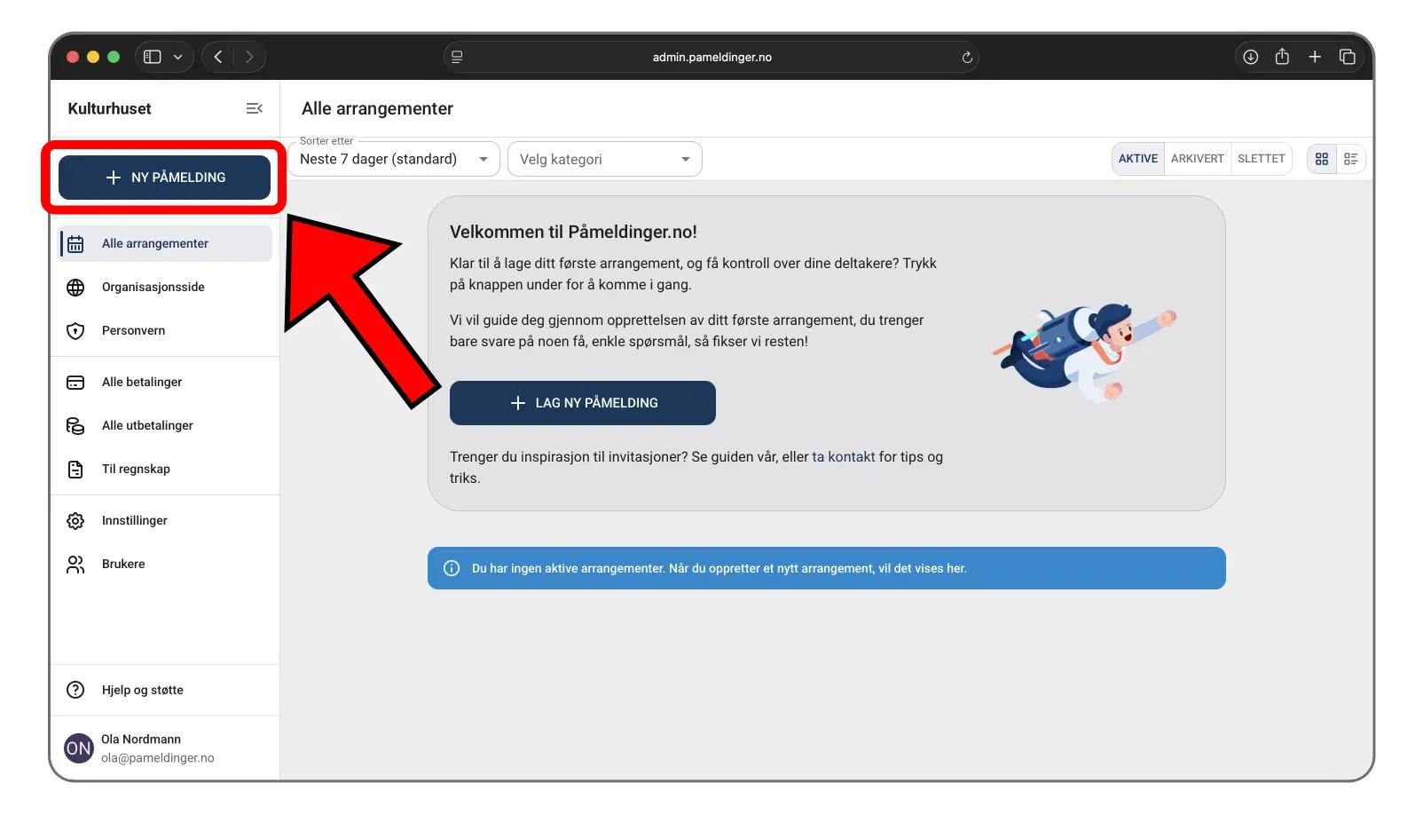 Knappen for å opprette ny påmelding i administrasjonspanelet