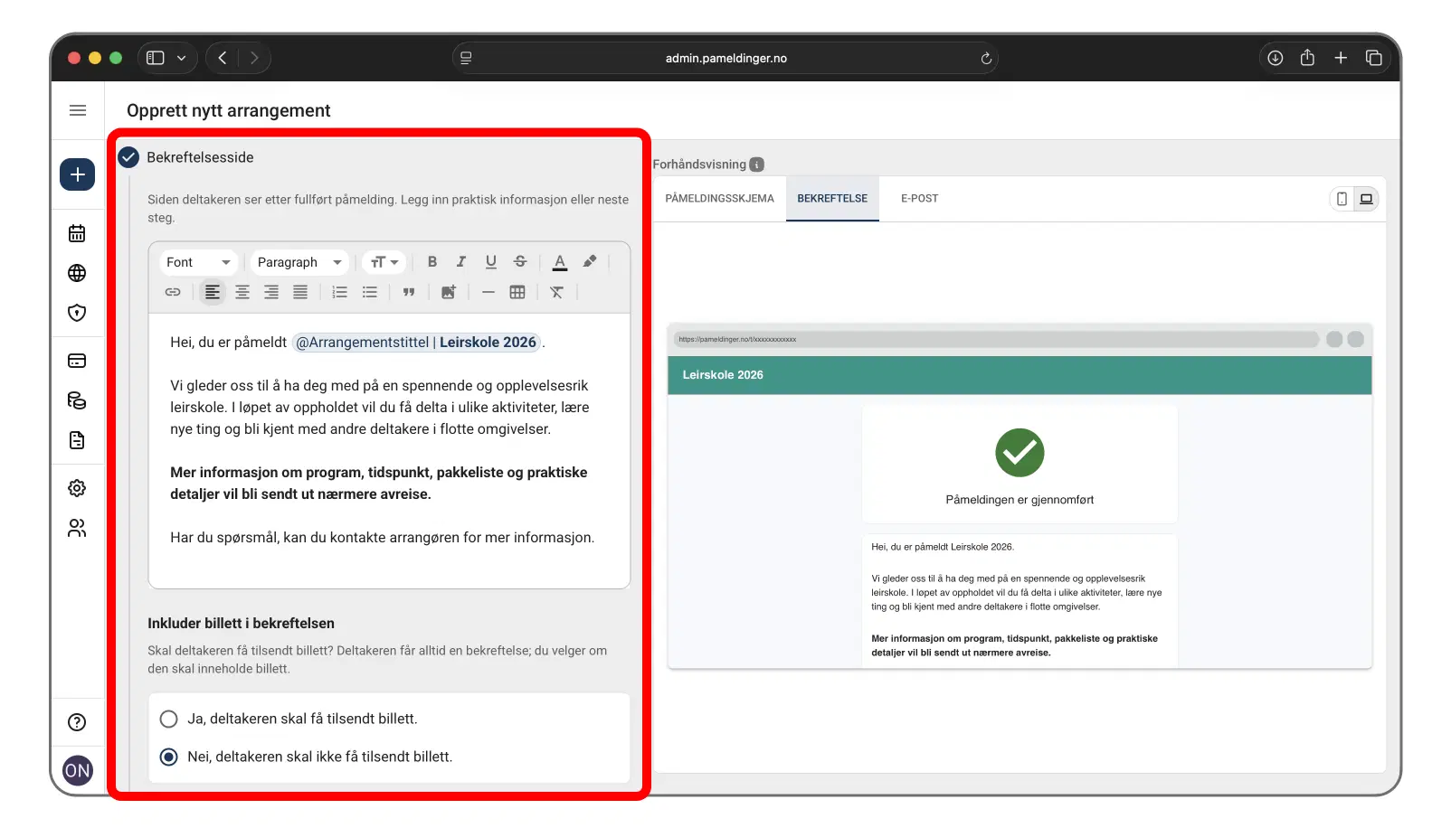 Innstillinger for bekreftelse og billett etter påmelding
