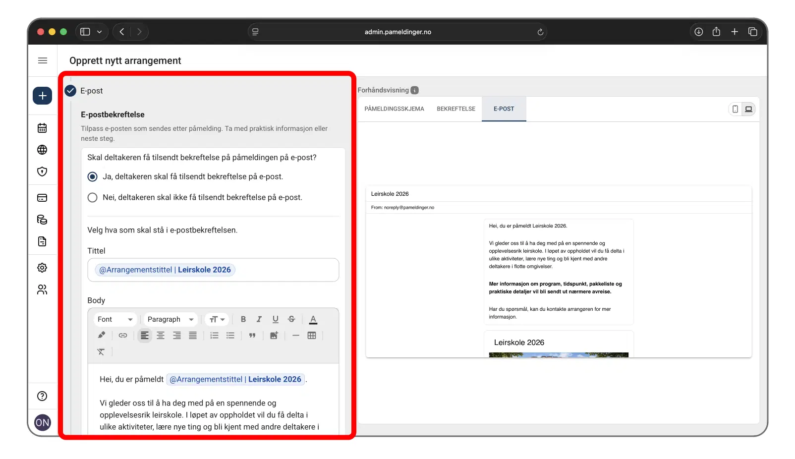 Redigering av e-postbekreftelsen som deltakeren mottar