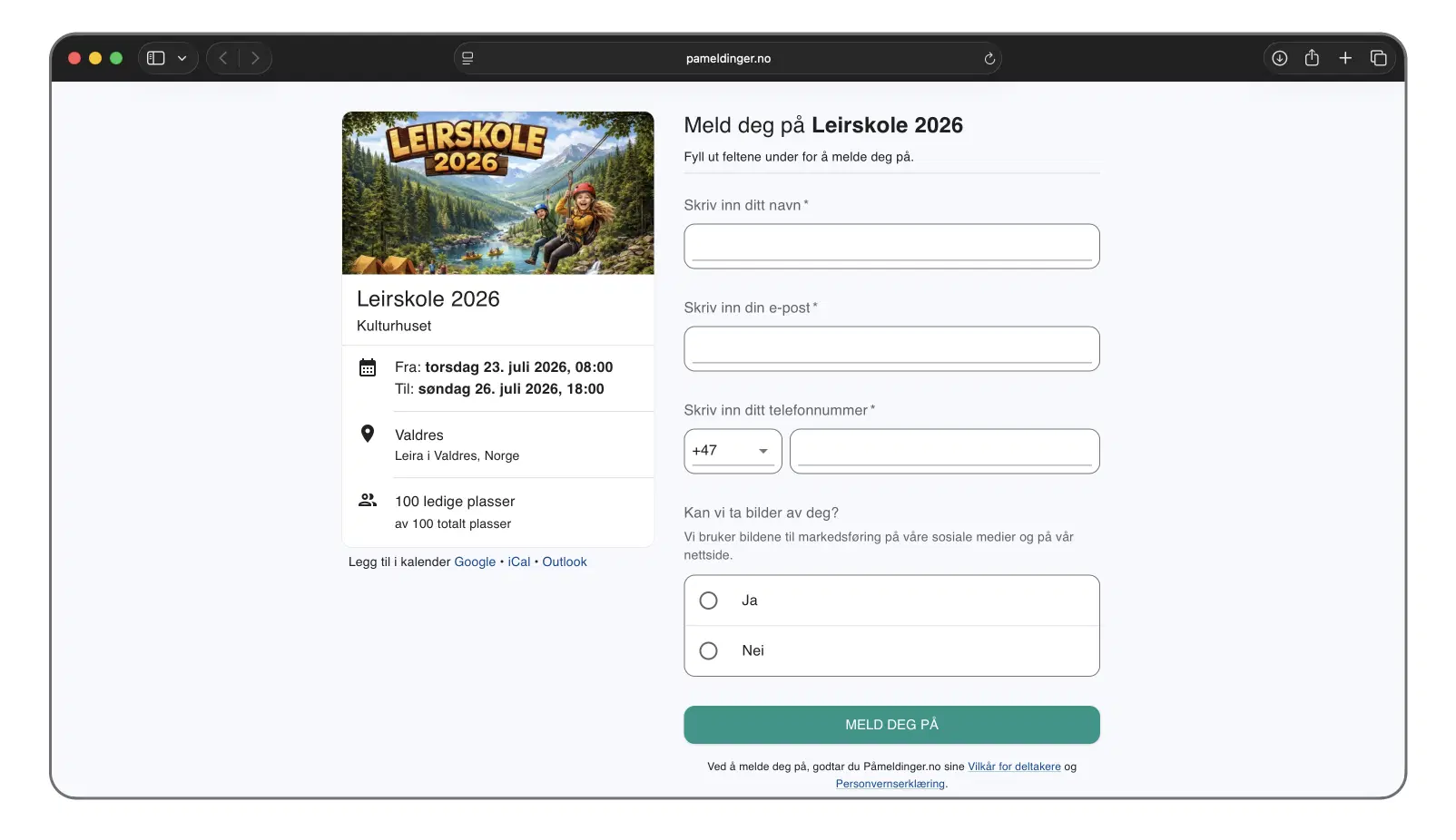 Slik ser påmeldingssiden ut for deltakeren