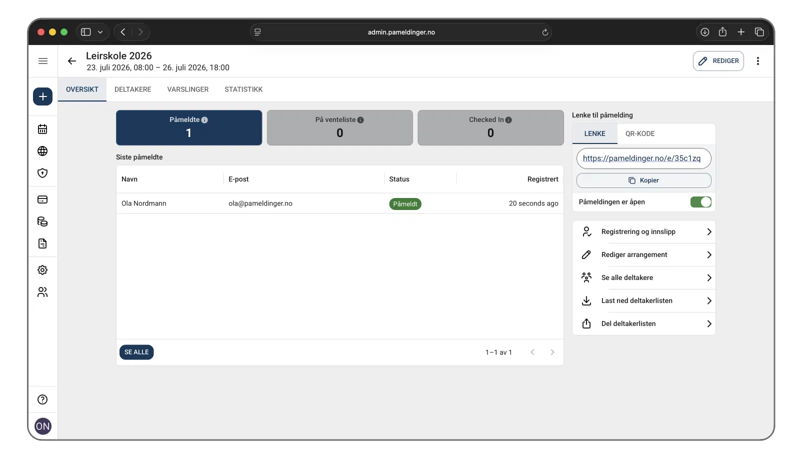 Oversikt over påmeldte deltakere i administrasjonspanelet