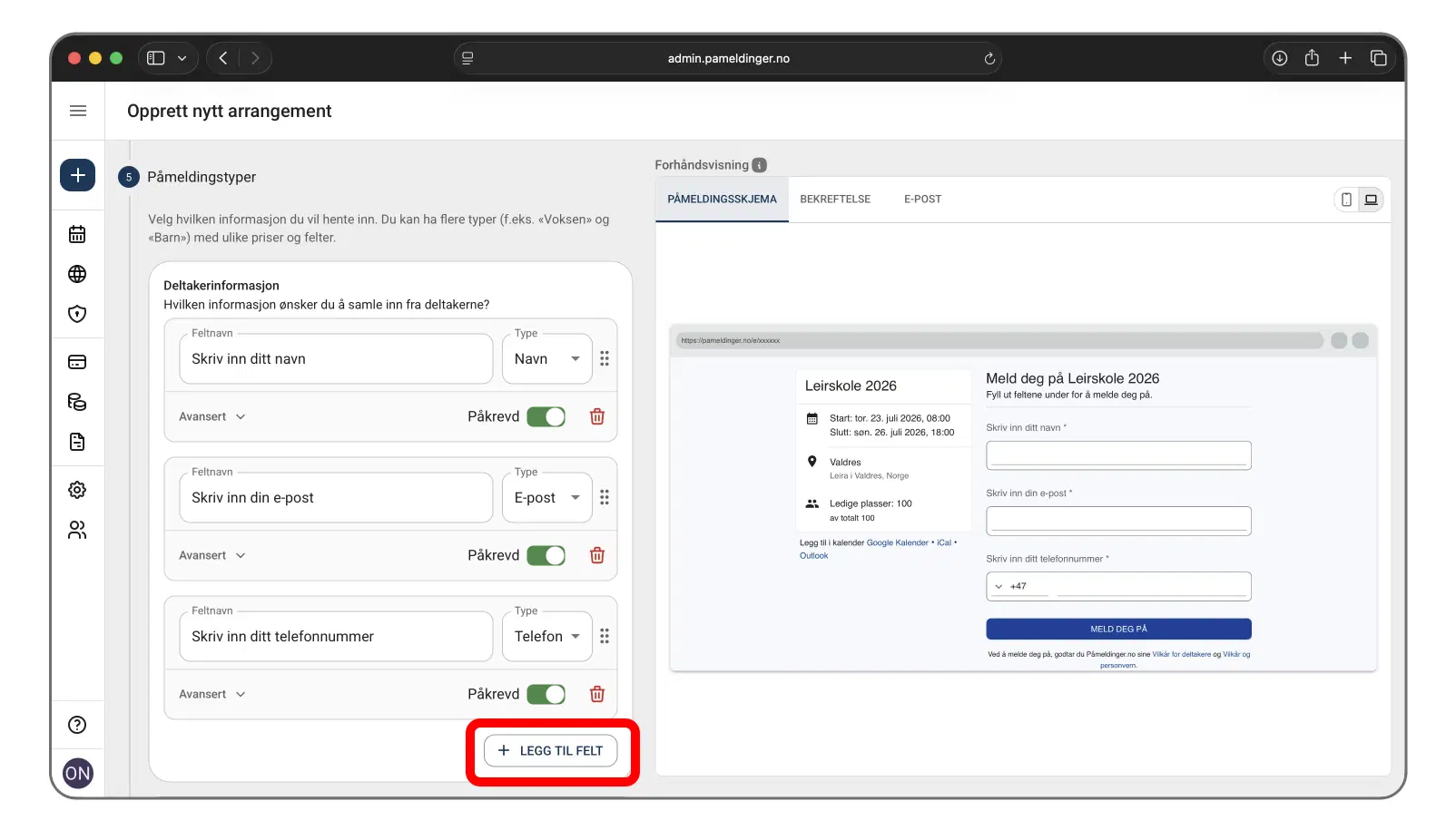 Valg av felt og påmeldingstyper i skjemaet