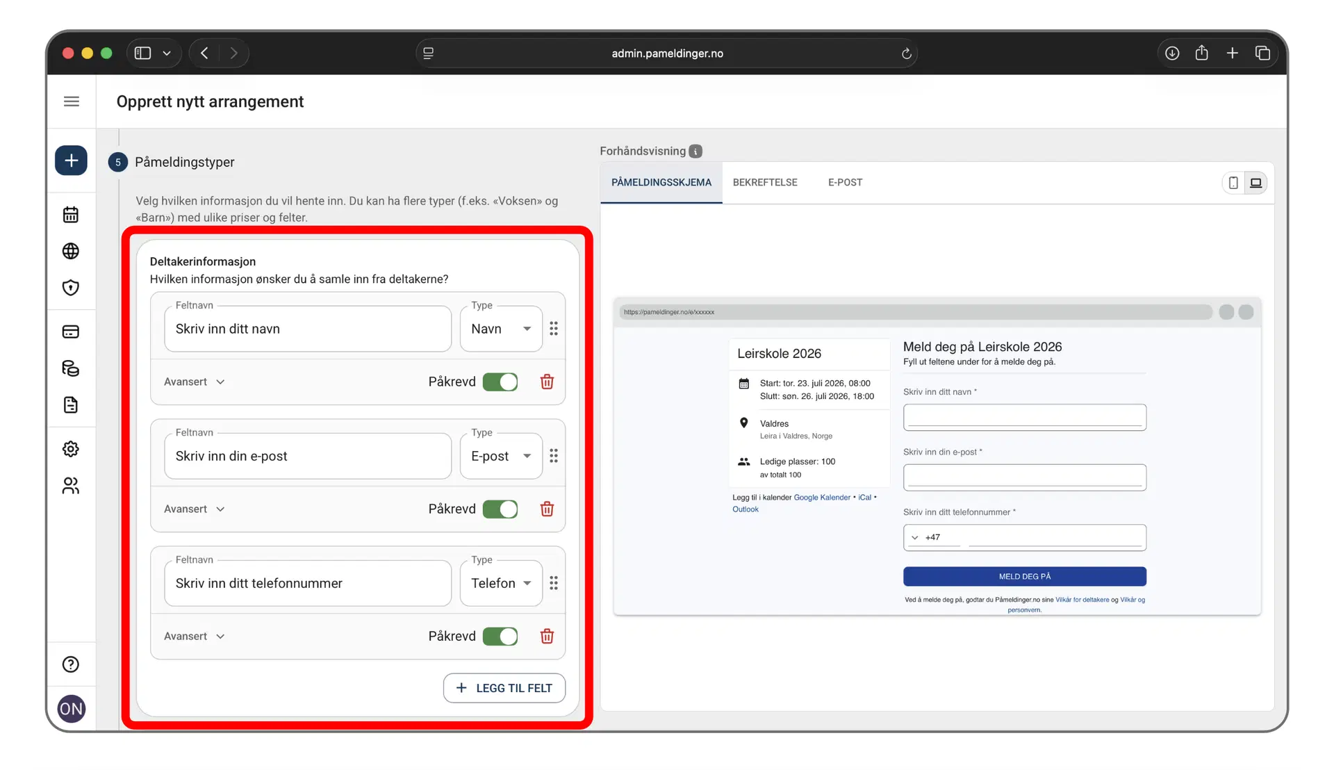 Forhåndsvisning av det ferdige påmeldingsskjemaet