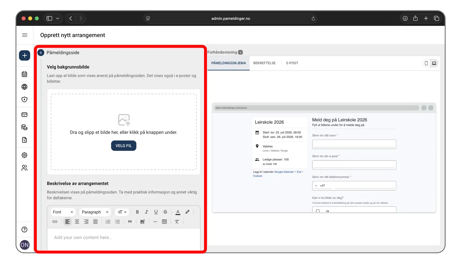 Innstillinger for innhold på påmeldingssiden