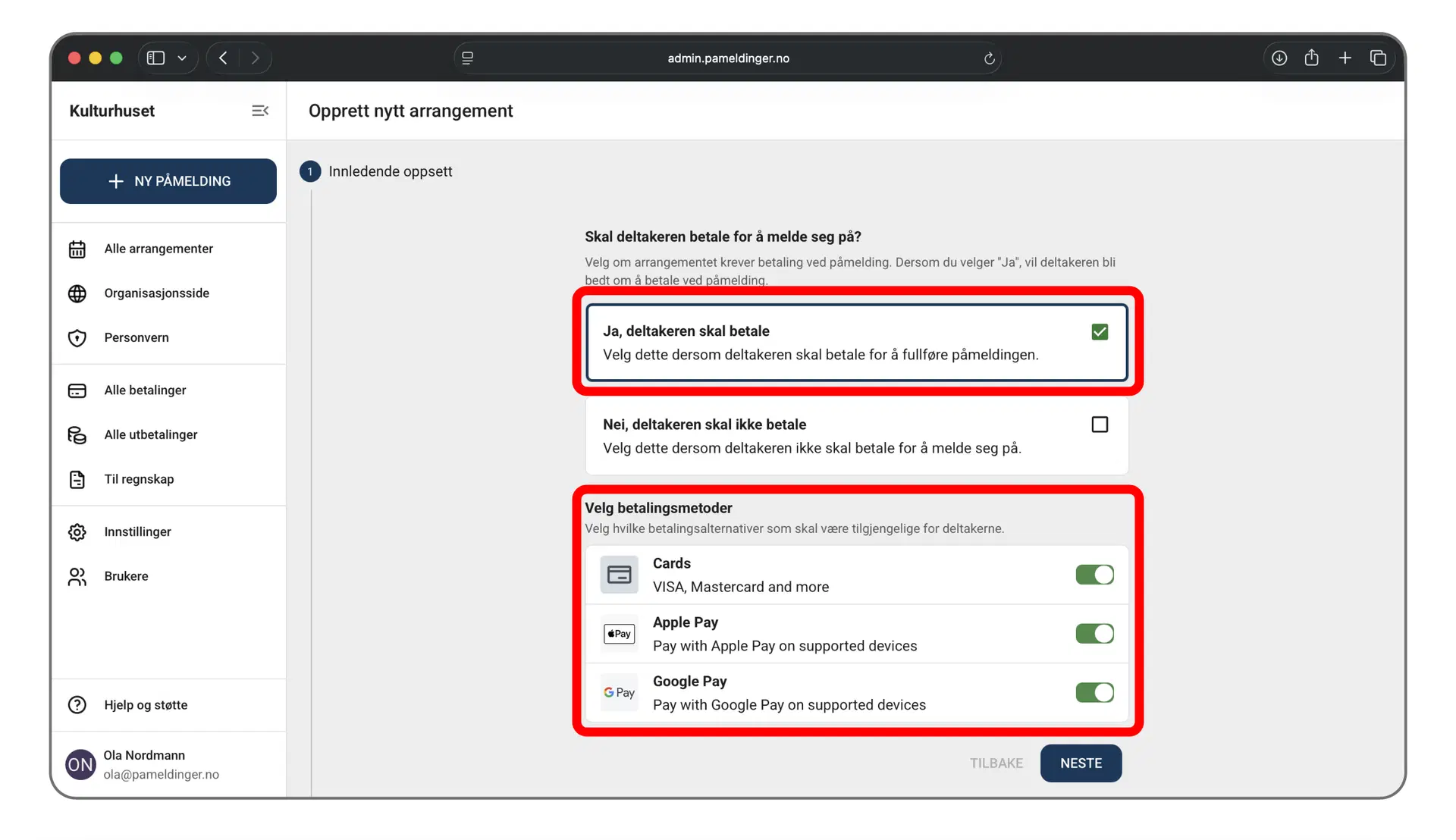Valg for betalt arrangement og betalingsmetoder