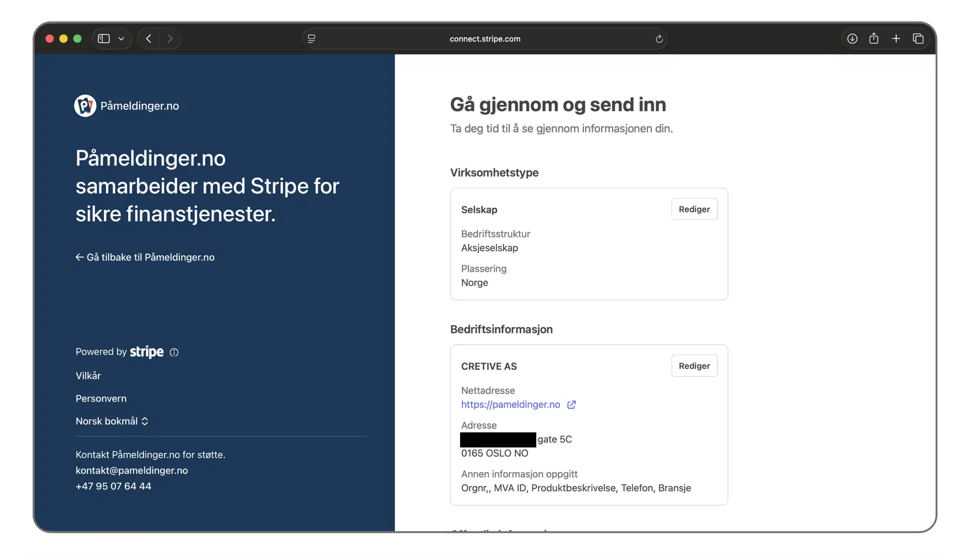 Kontroll og innsending av Stripe-oppsett