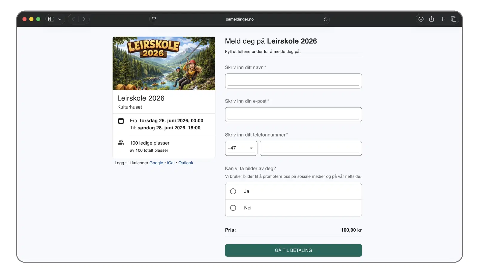 Påmeldingsside for et betalt arrangement