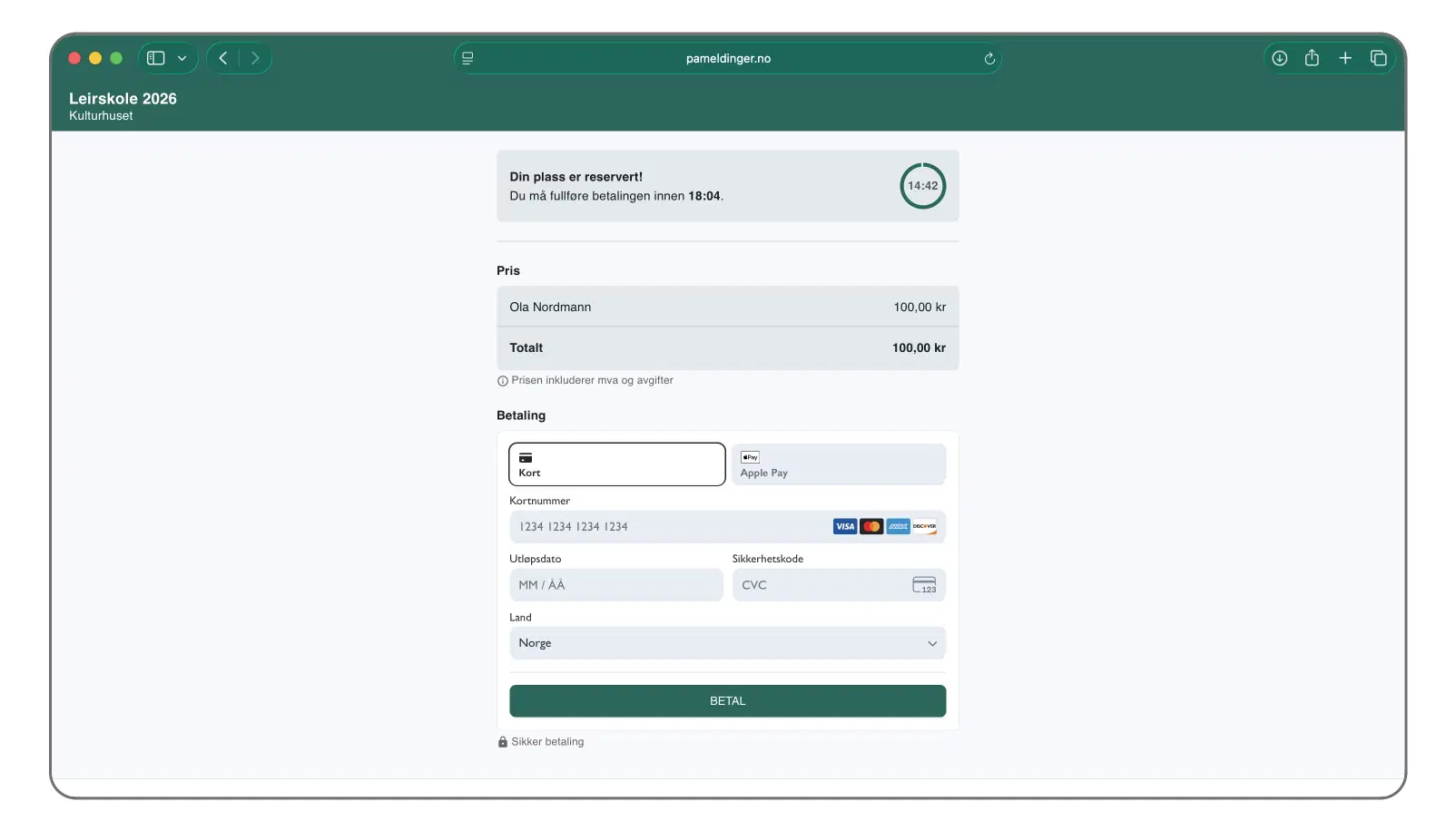 Betalingssteg i påmeldingen