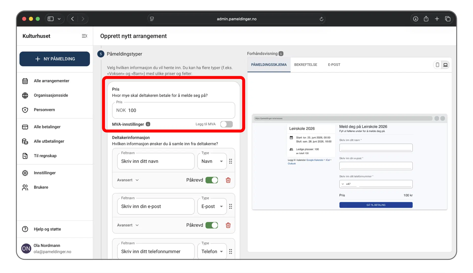 Valg av pris for påmeldingstyper