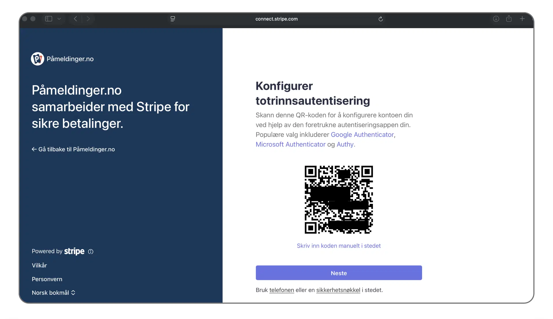 Aktivering av totrinnsbekreftelse i Stripe