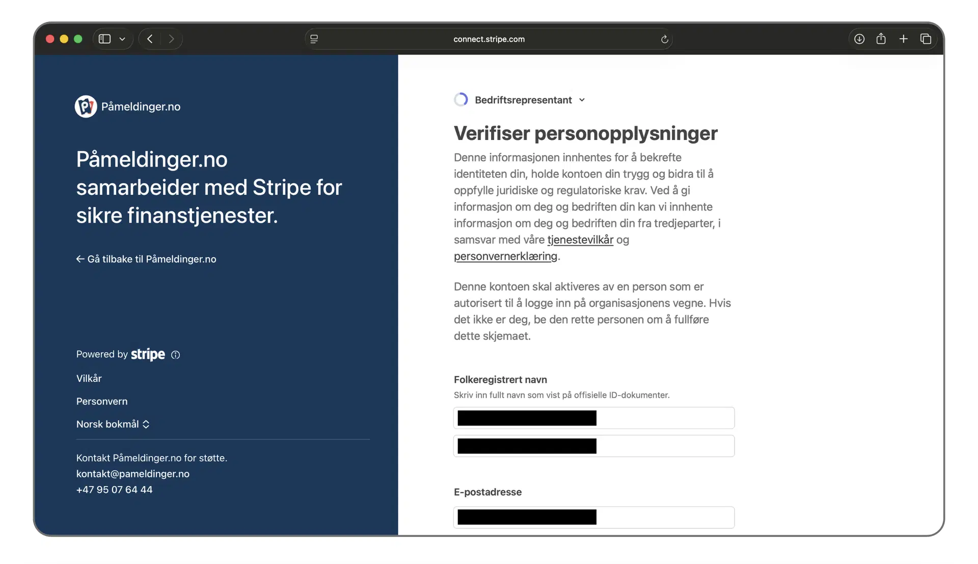 Utfylling av organisasjonsopplysninger i Stripe