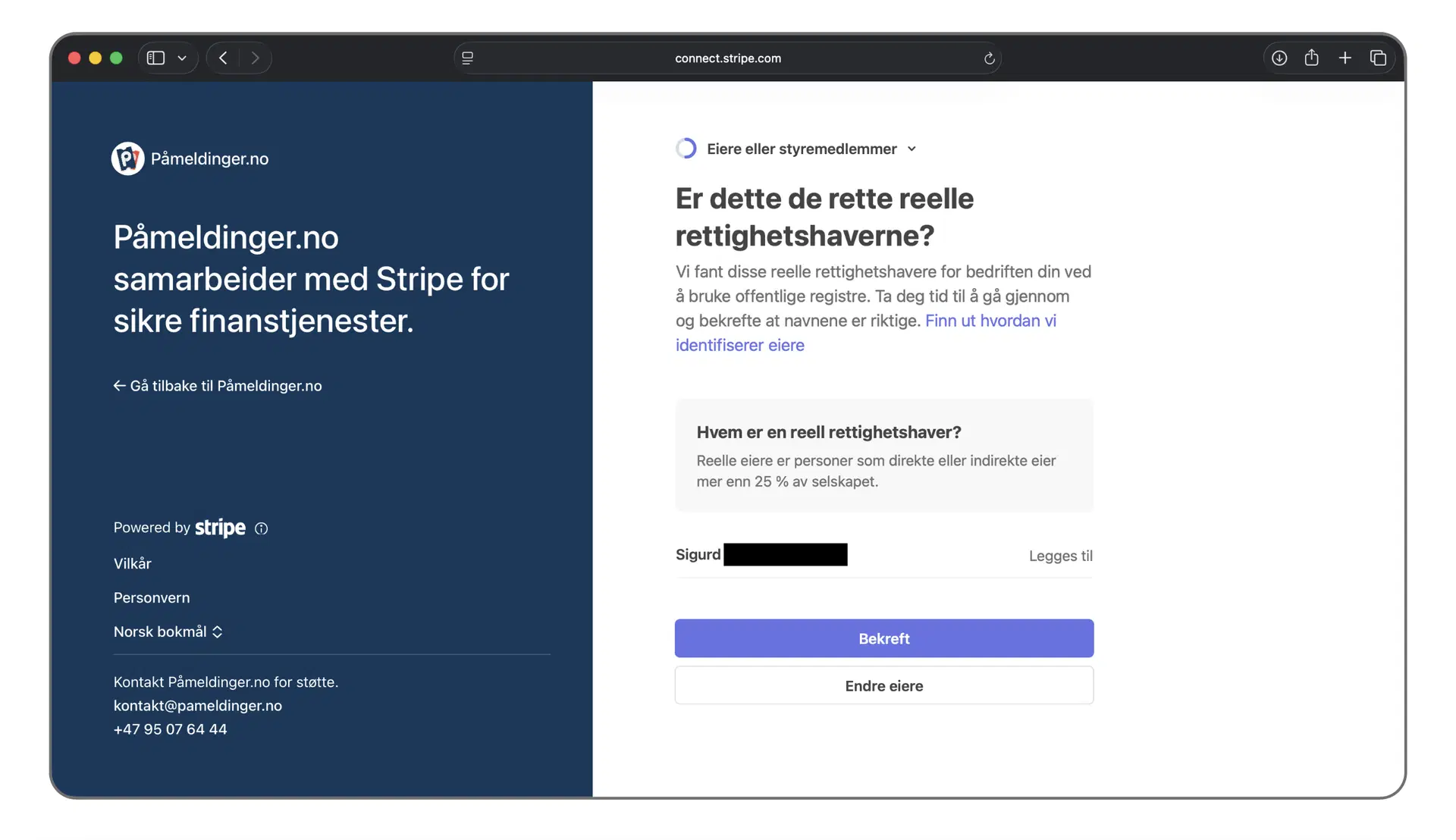 Kontroll av reelle rettighetshavere i Stripe