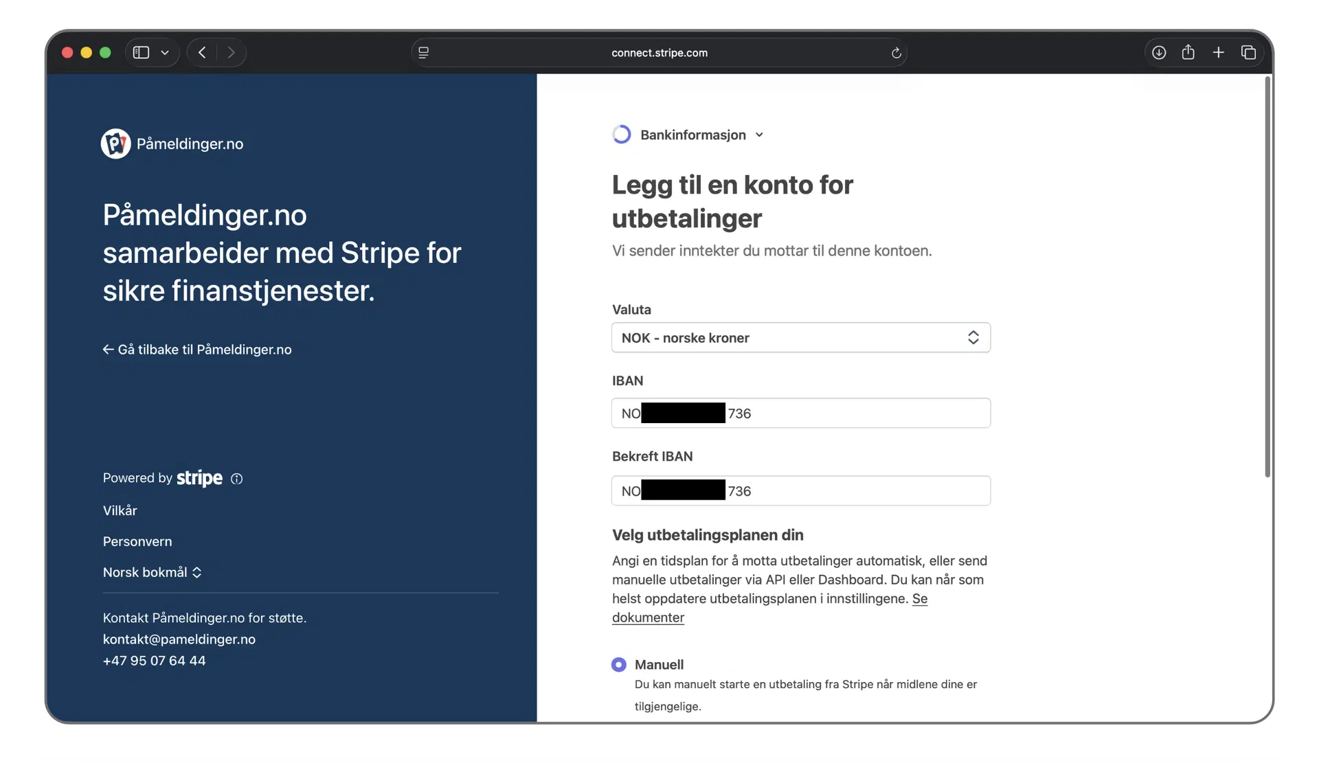 Innlegging av konto for utbetalinger i Stripe