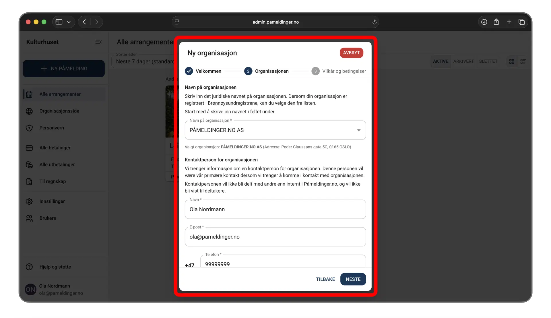 Utfylling av informasjon for ny organisasjon