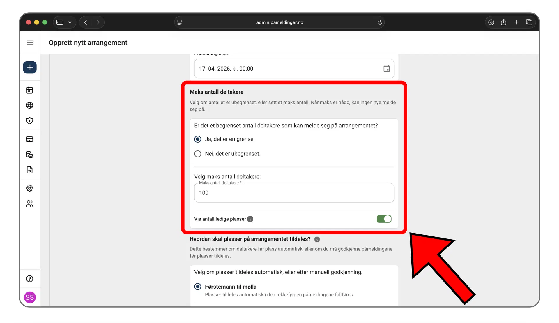 Innstilling av total kapasitet for arrangementet i administrasjonspanelet