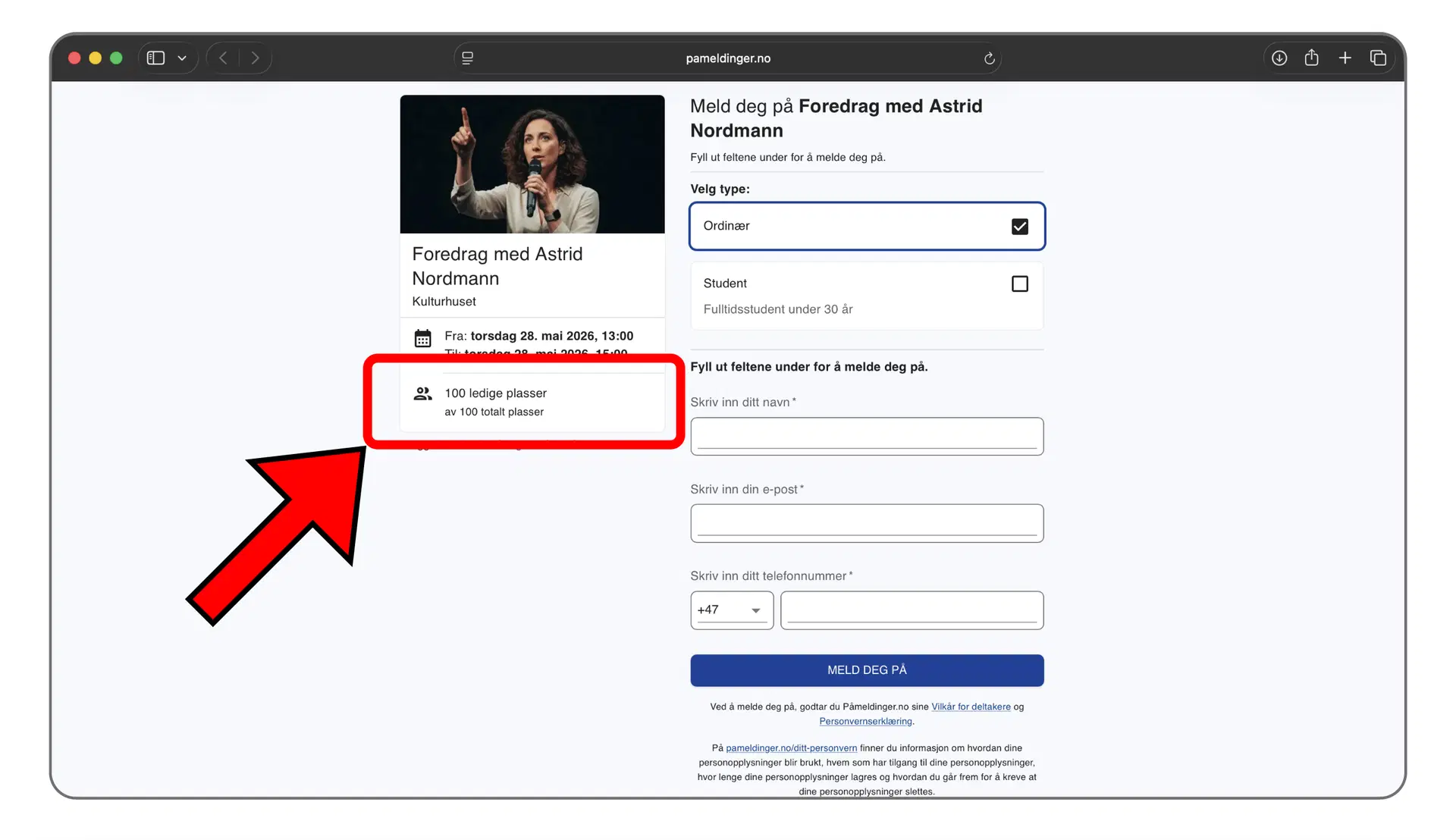 Påmeldingssiden når arrangementet har begrenset total kapasitet