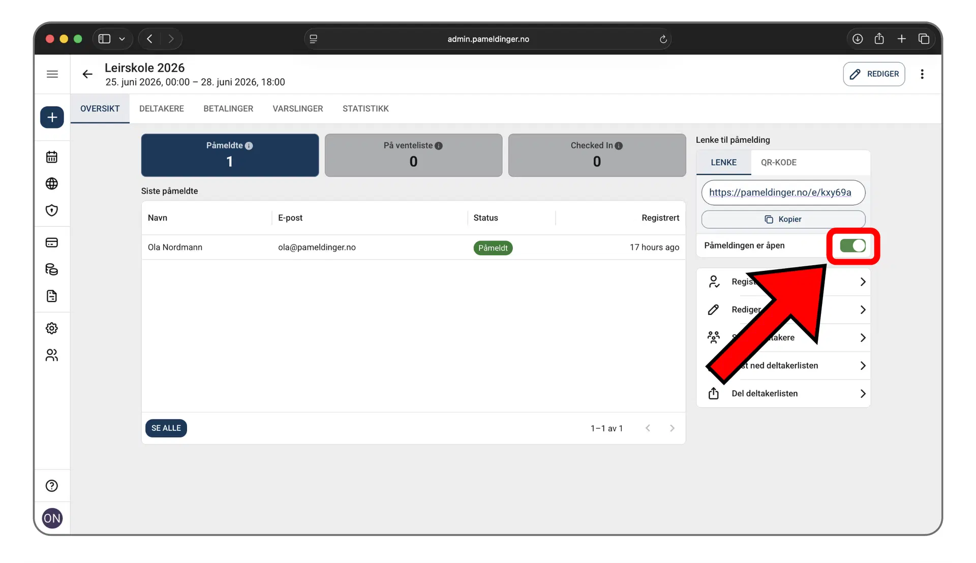 Bryteren for å stenge påmeldingen