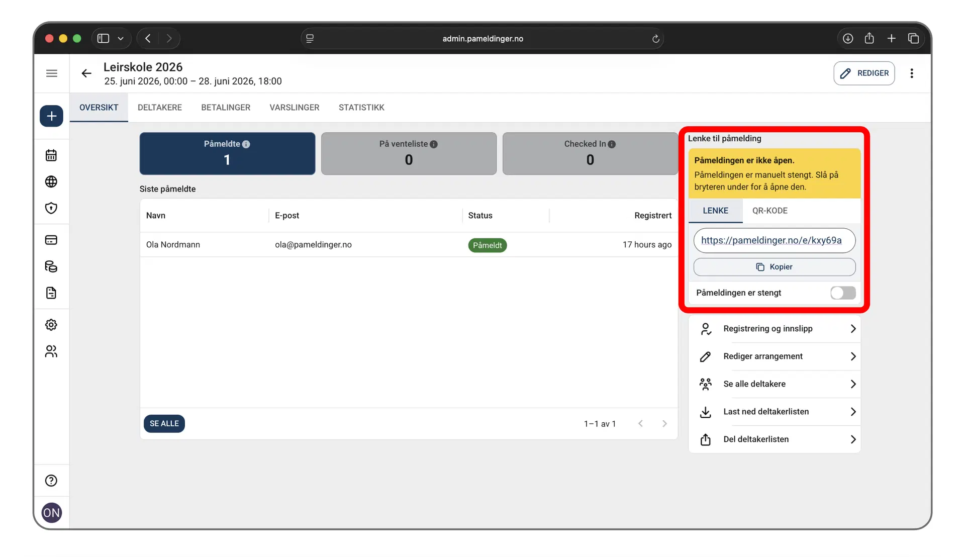 Arrangement med stengt påmelding