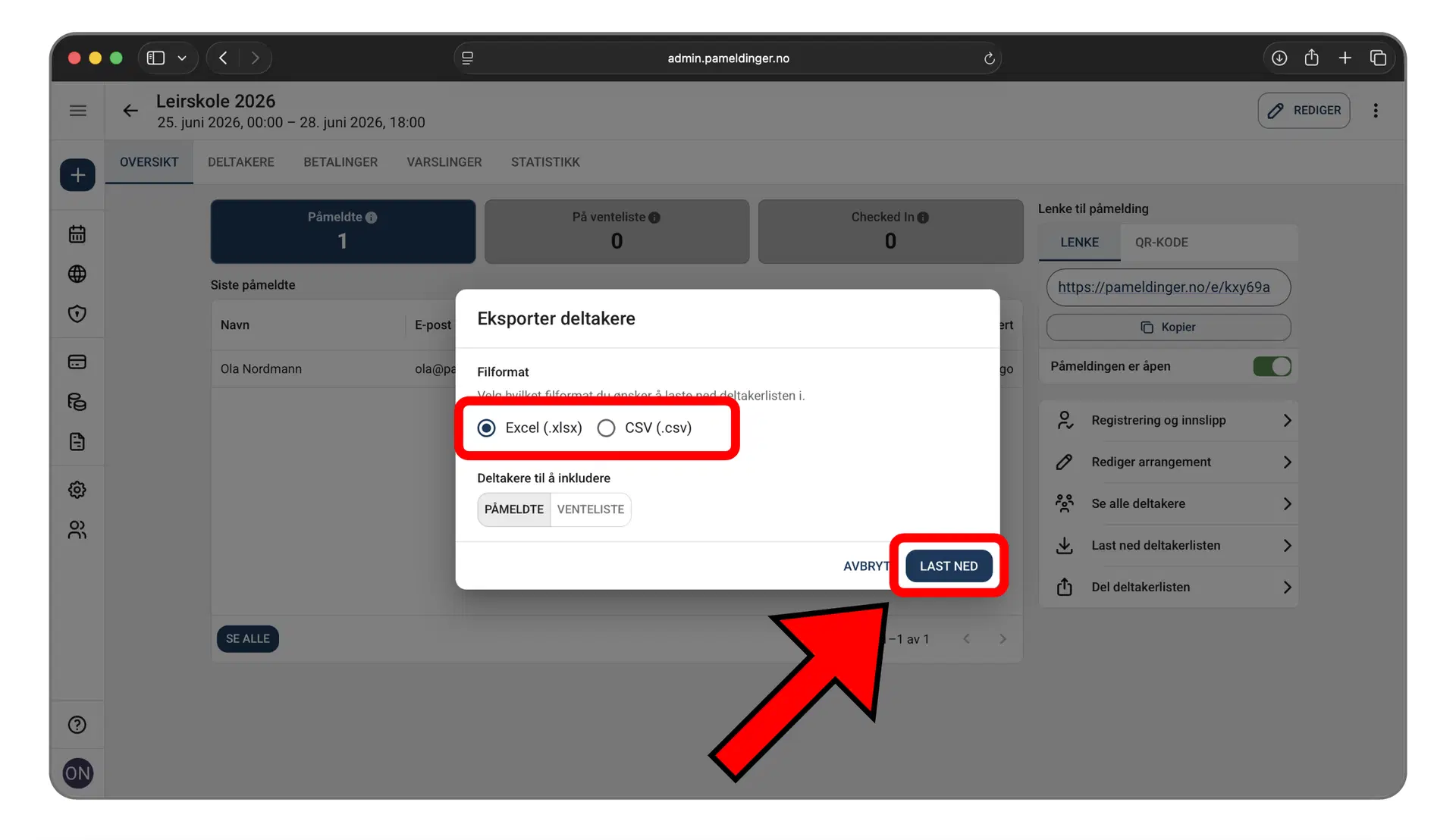 Valg av filformat for eksport av deltakerlisten
