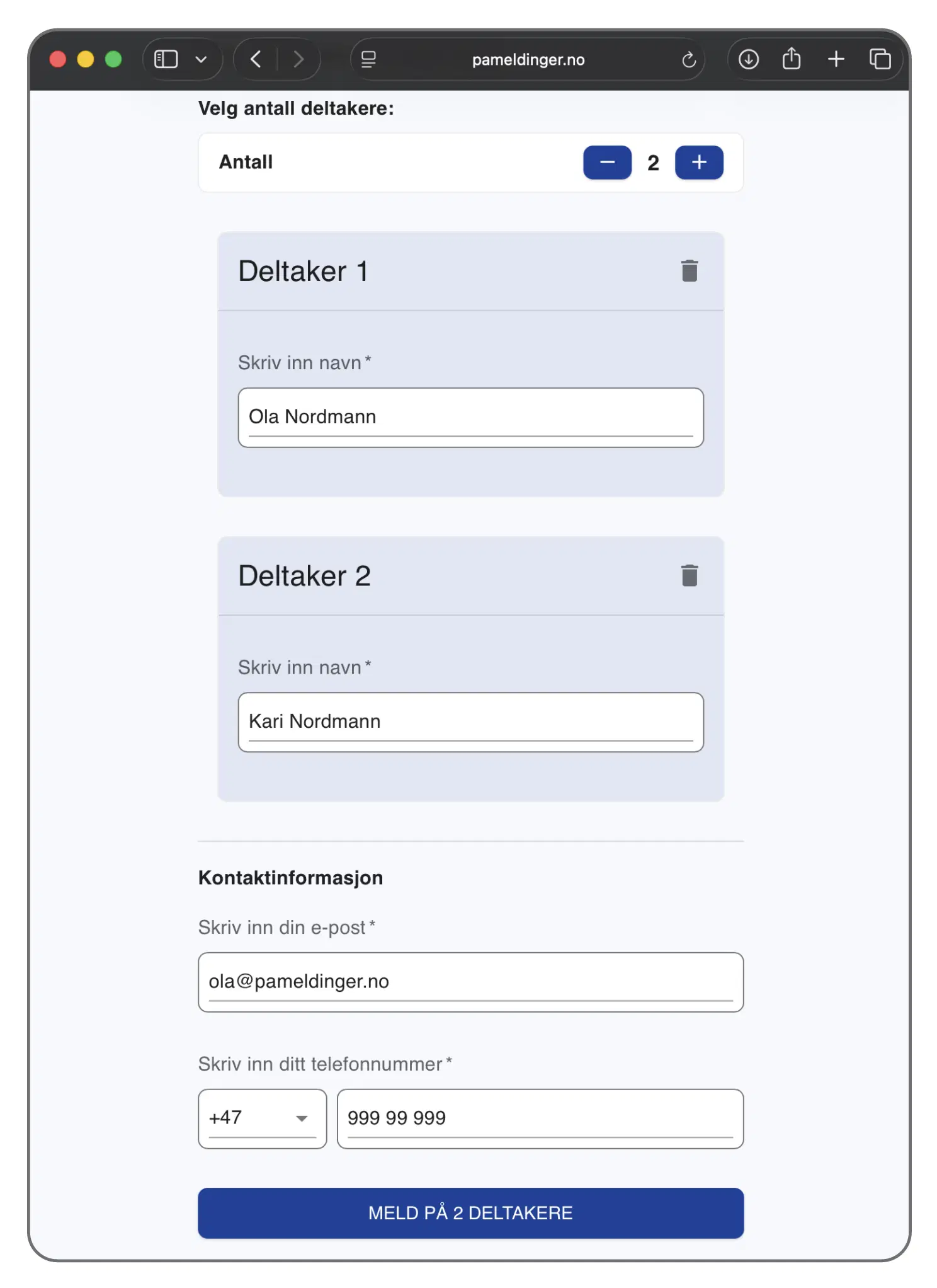 Gruppepåmelding i skjemaet
