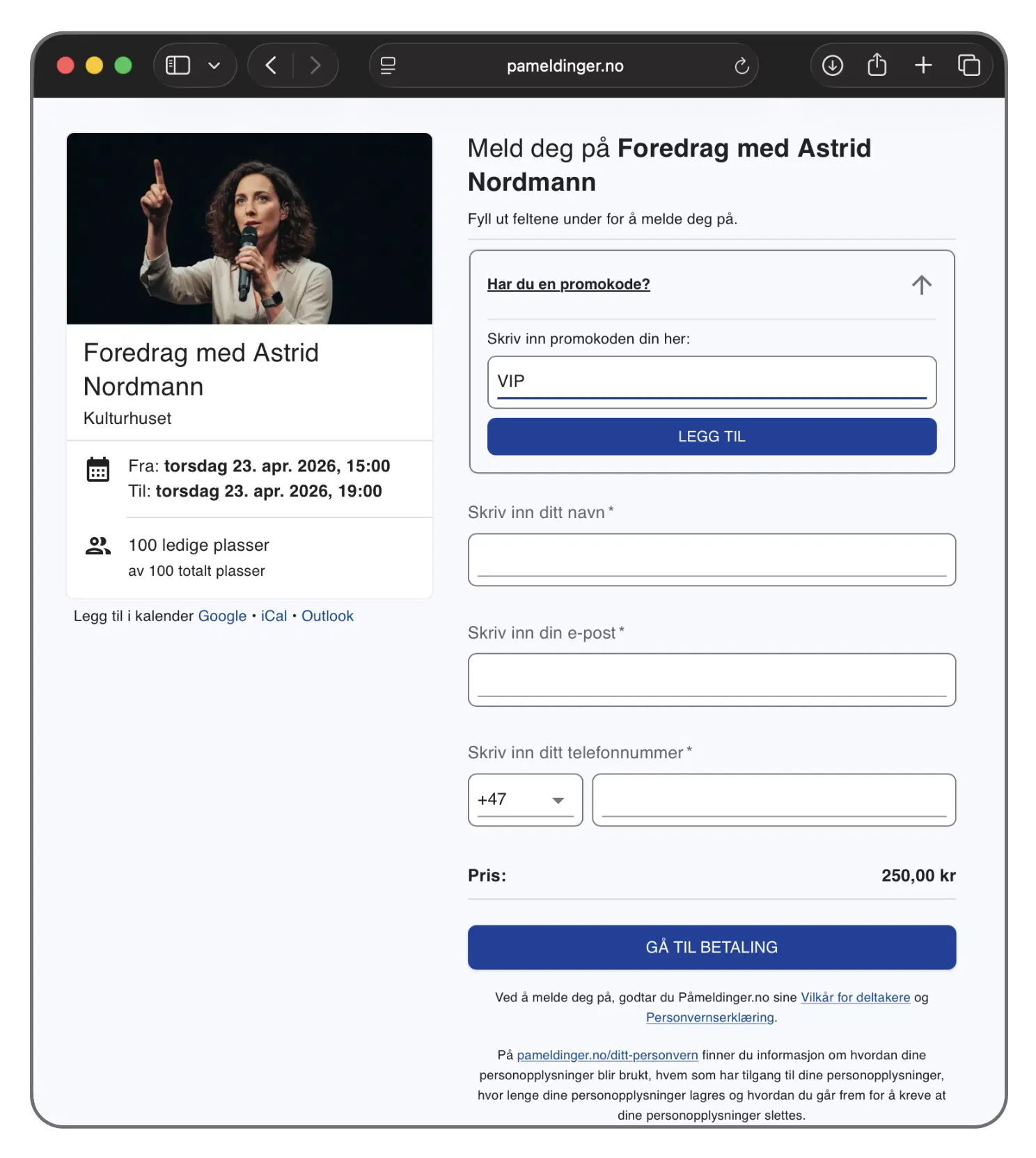 Påmeldingssiden før tilgangskoden er lagt inn