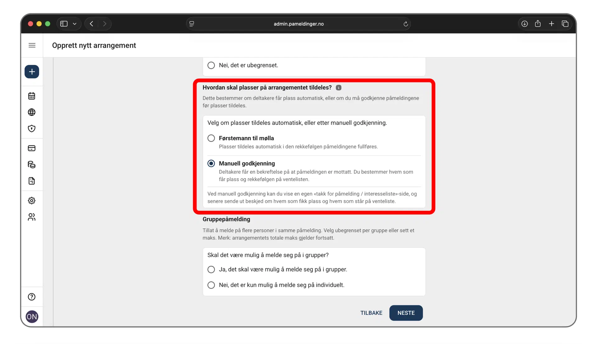 Valg av manuell godkjenning i arrangementet