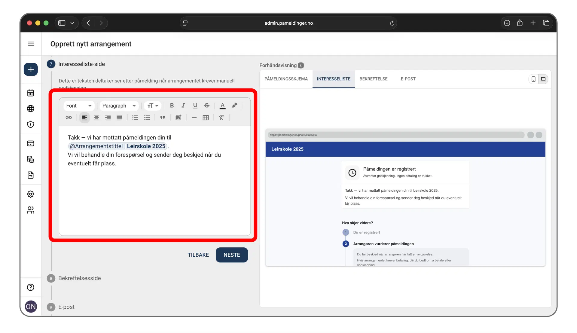 Valg av manuell godkjenning i arrangementet