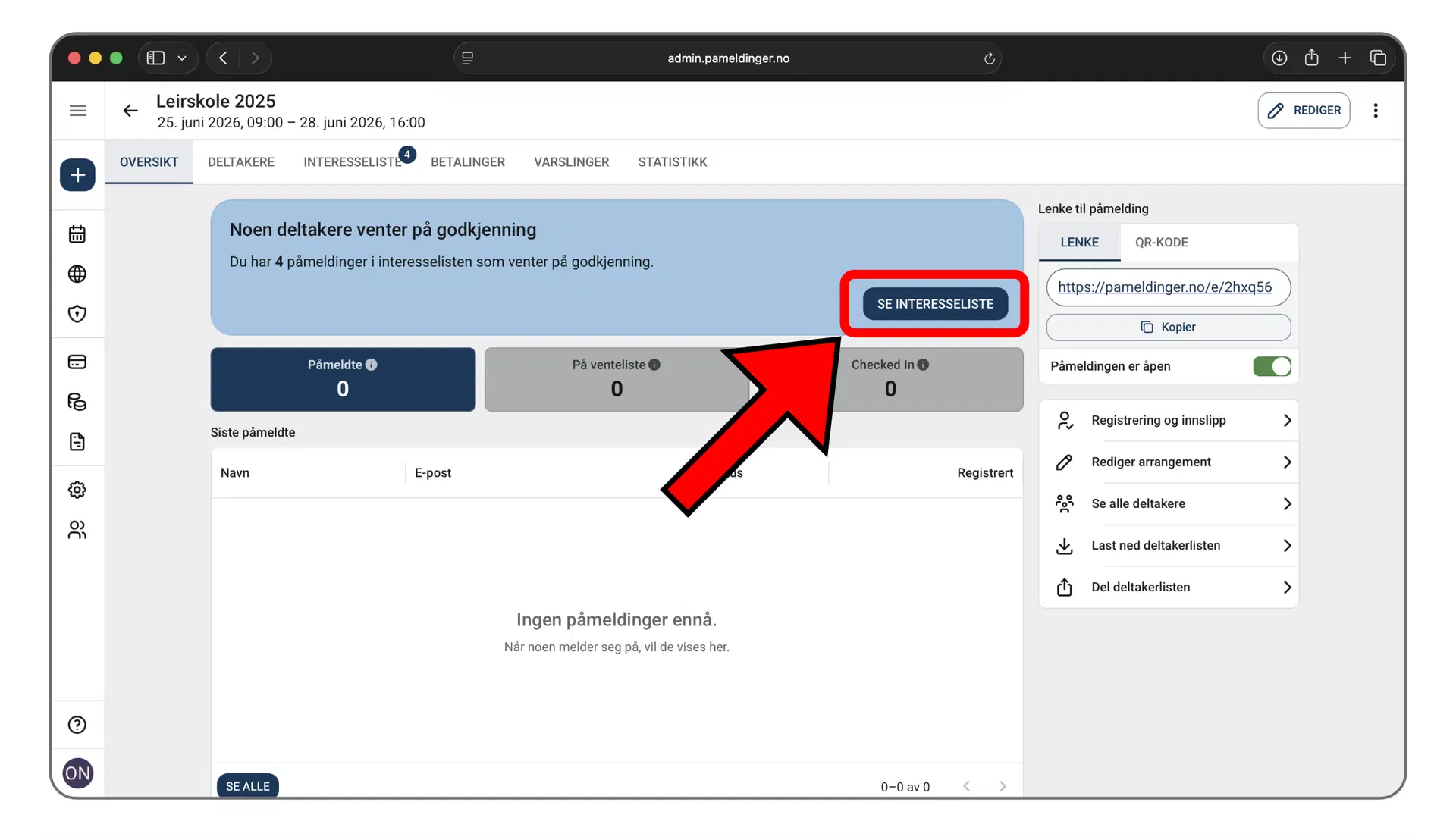 Knappen for å åpne interesselisten