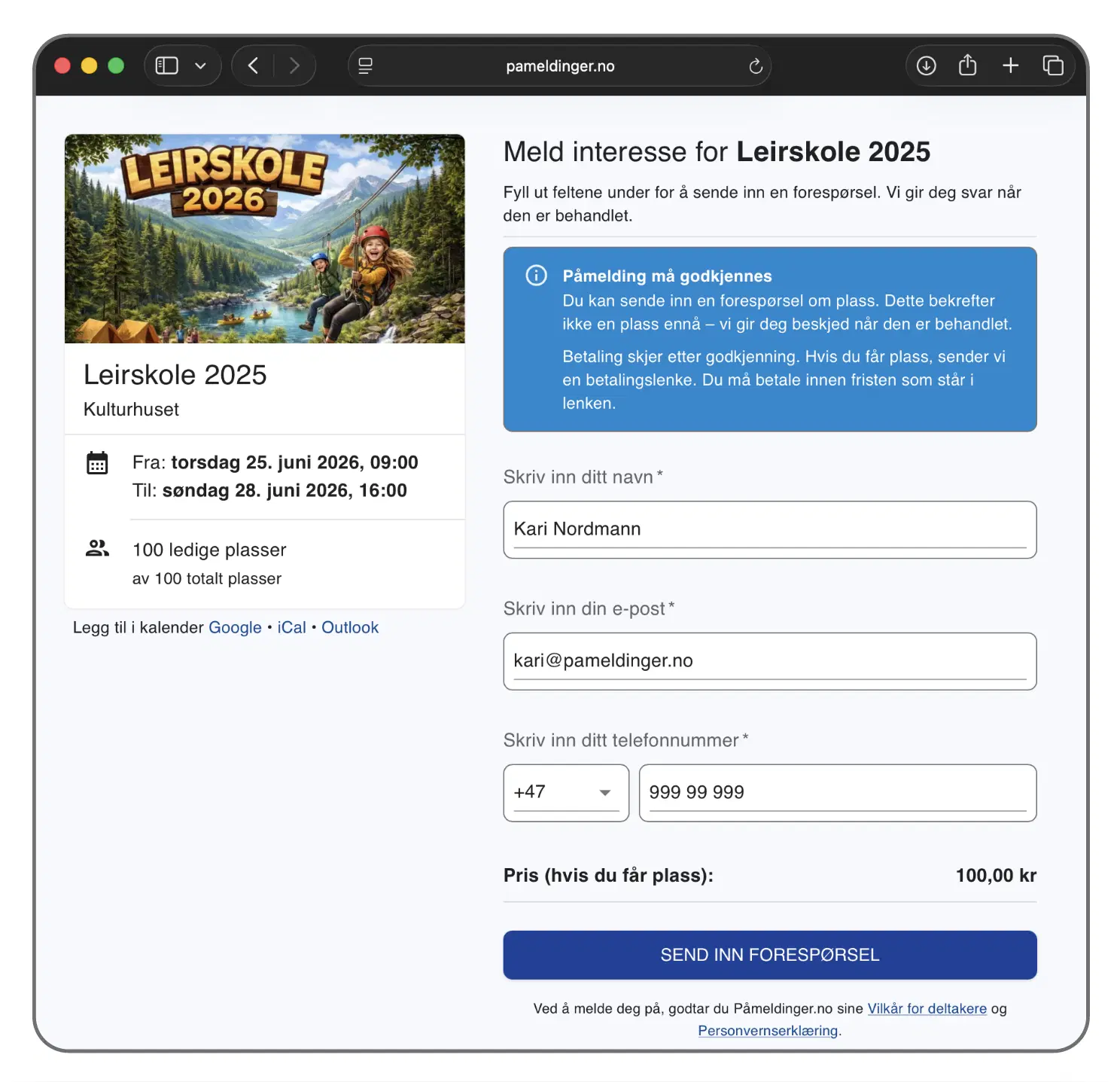 Påmeldingsskjema med manuell godkjenning