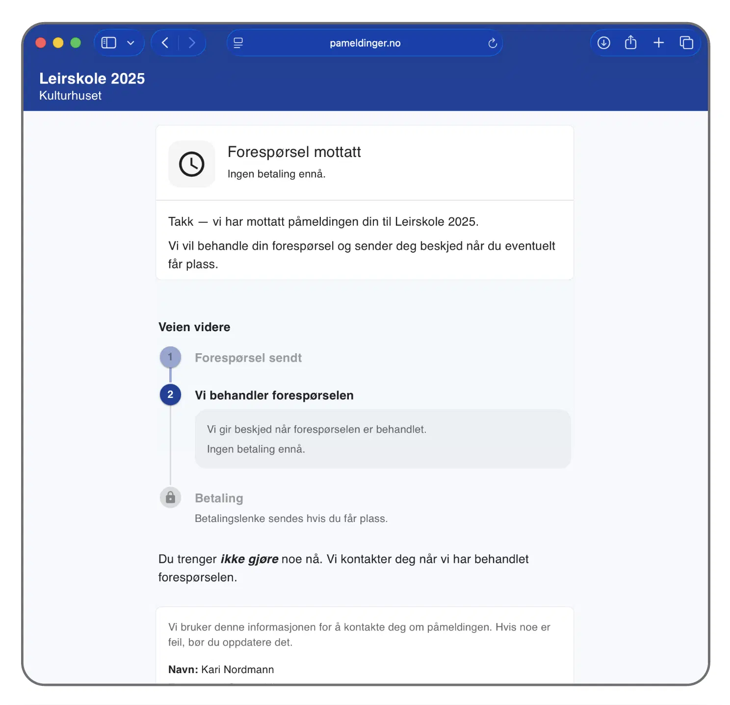 Bekreftelse på at deltakeren er lagt på interesselisten