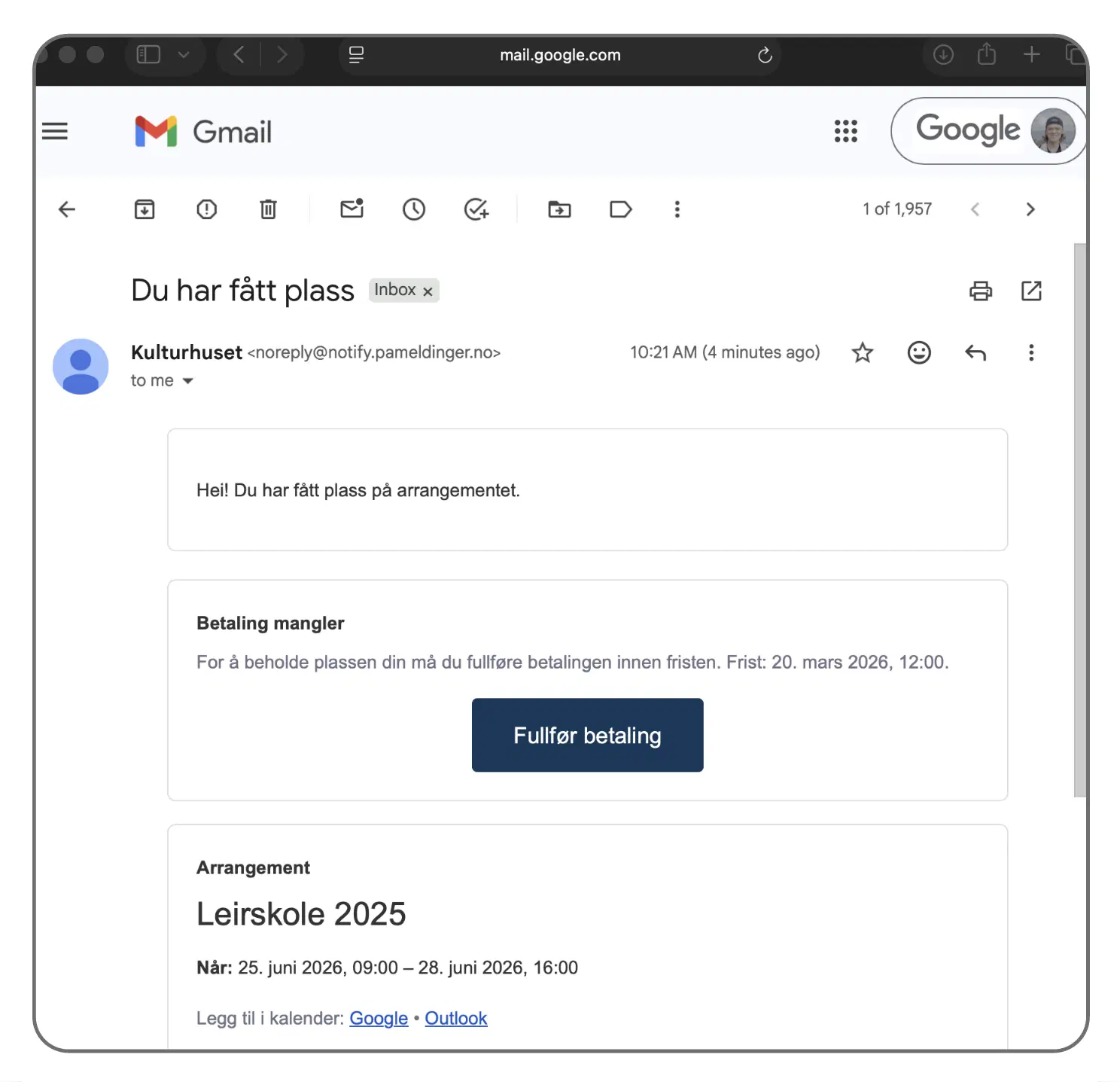 Varsel til deltaker om godkjent plass