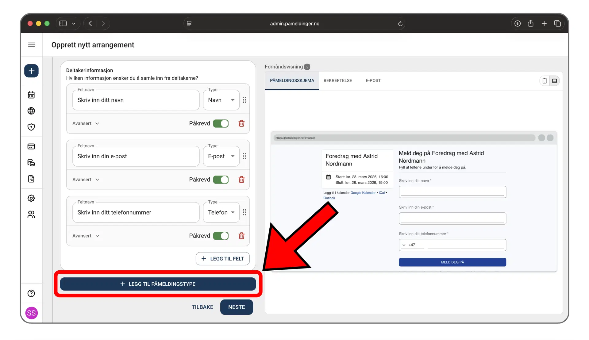 Legg til en ny påmeldingstype i arrangementet