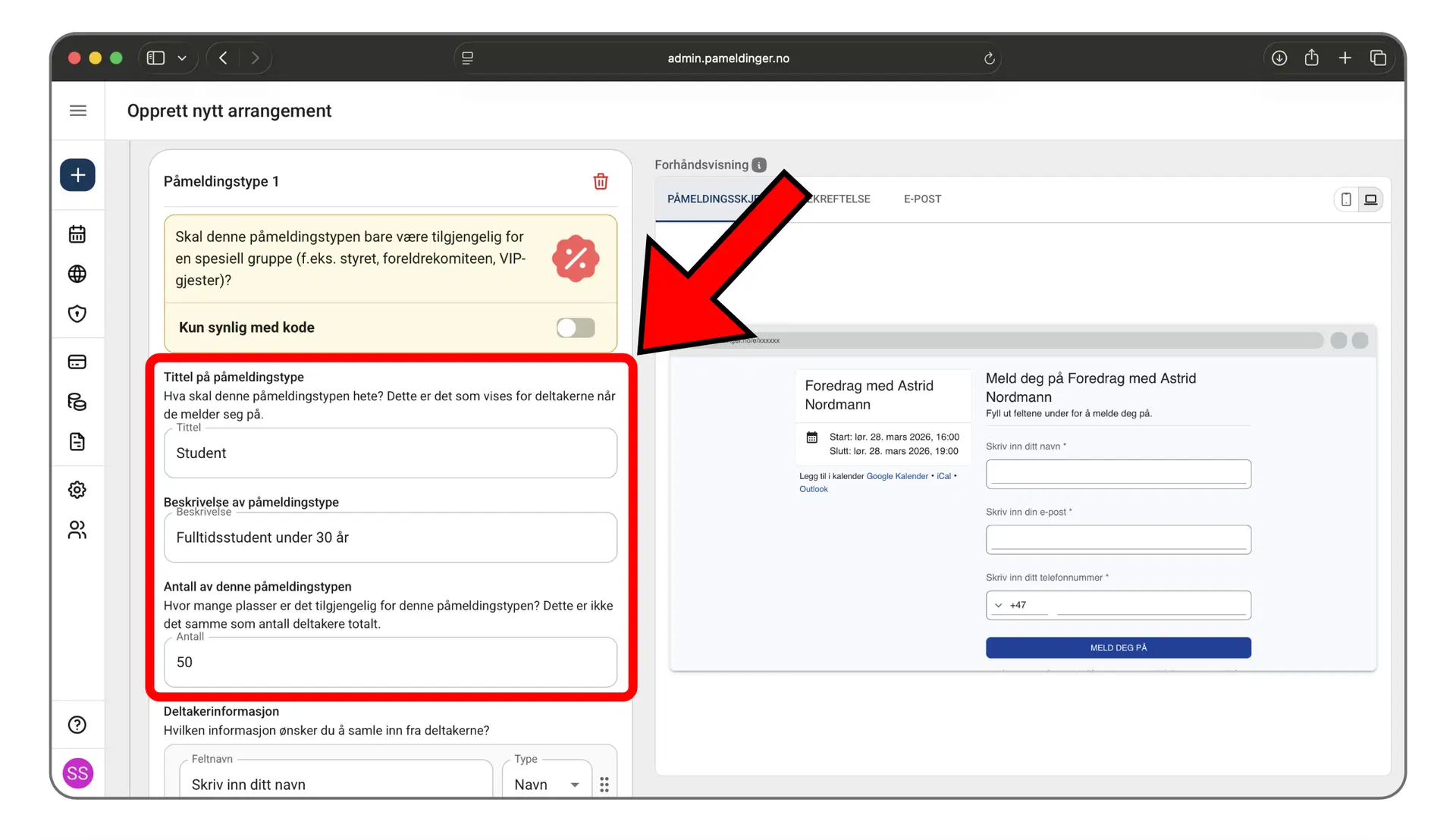 Legg til en ny påmeldingstype i arrangementet
