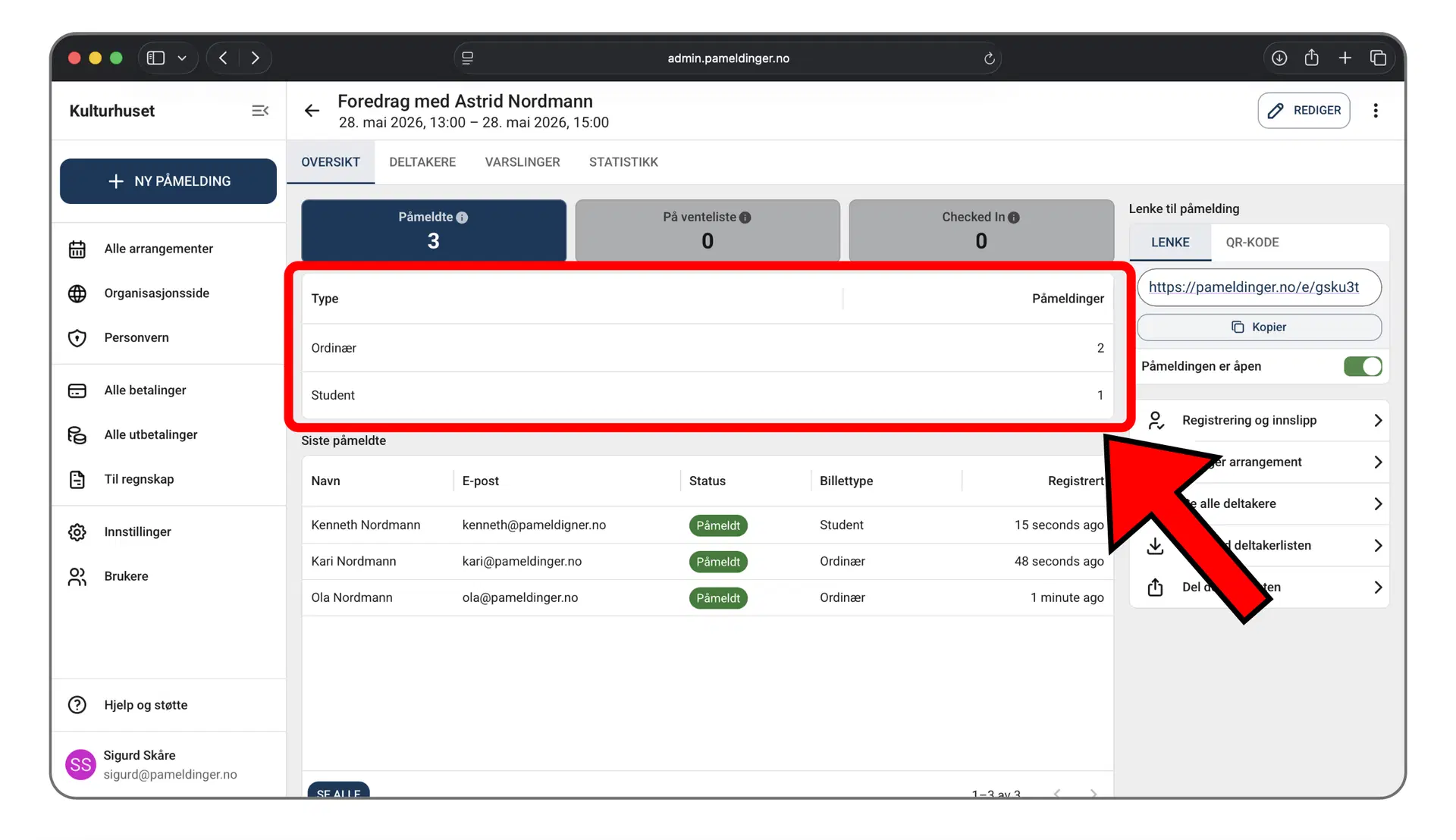 Oversikt over antall påmeldte per påmeldingstype