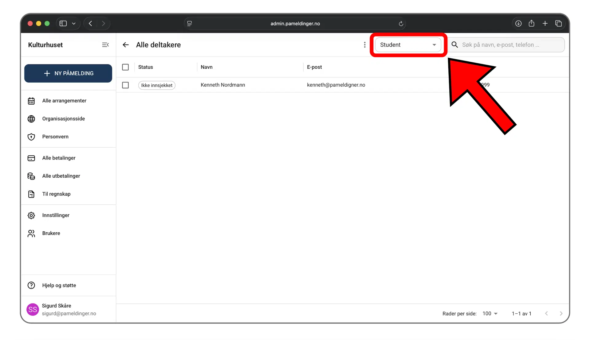 Filtrering av deltakere etter påmeldingstype