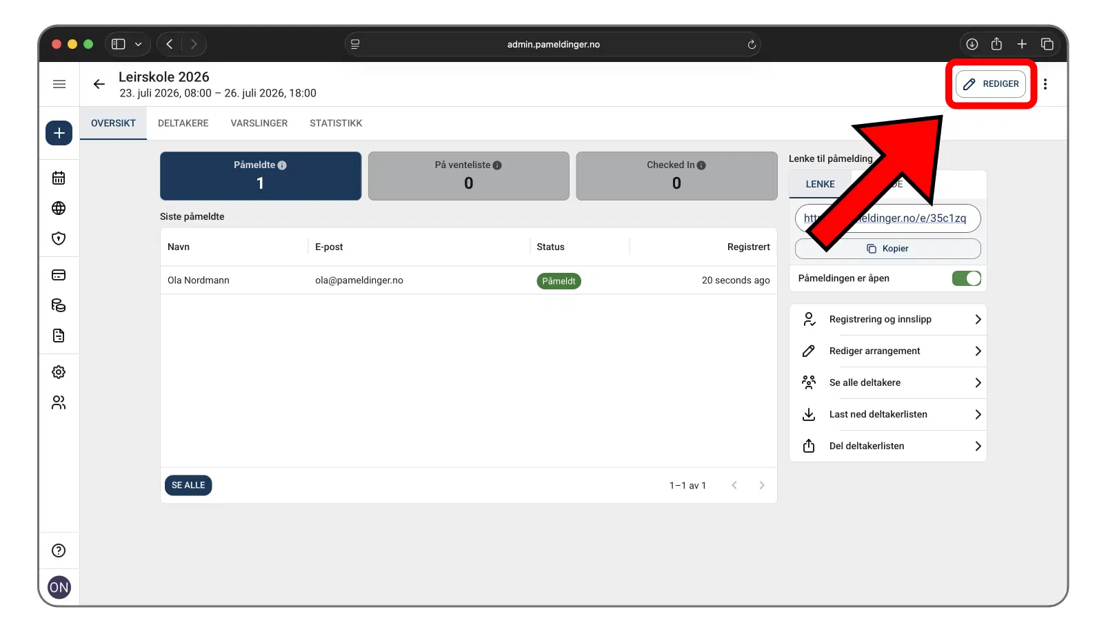 Knappen for å redigere arrangementet