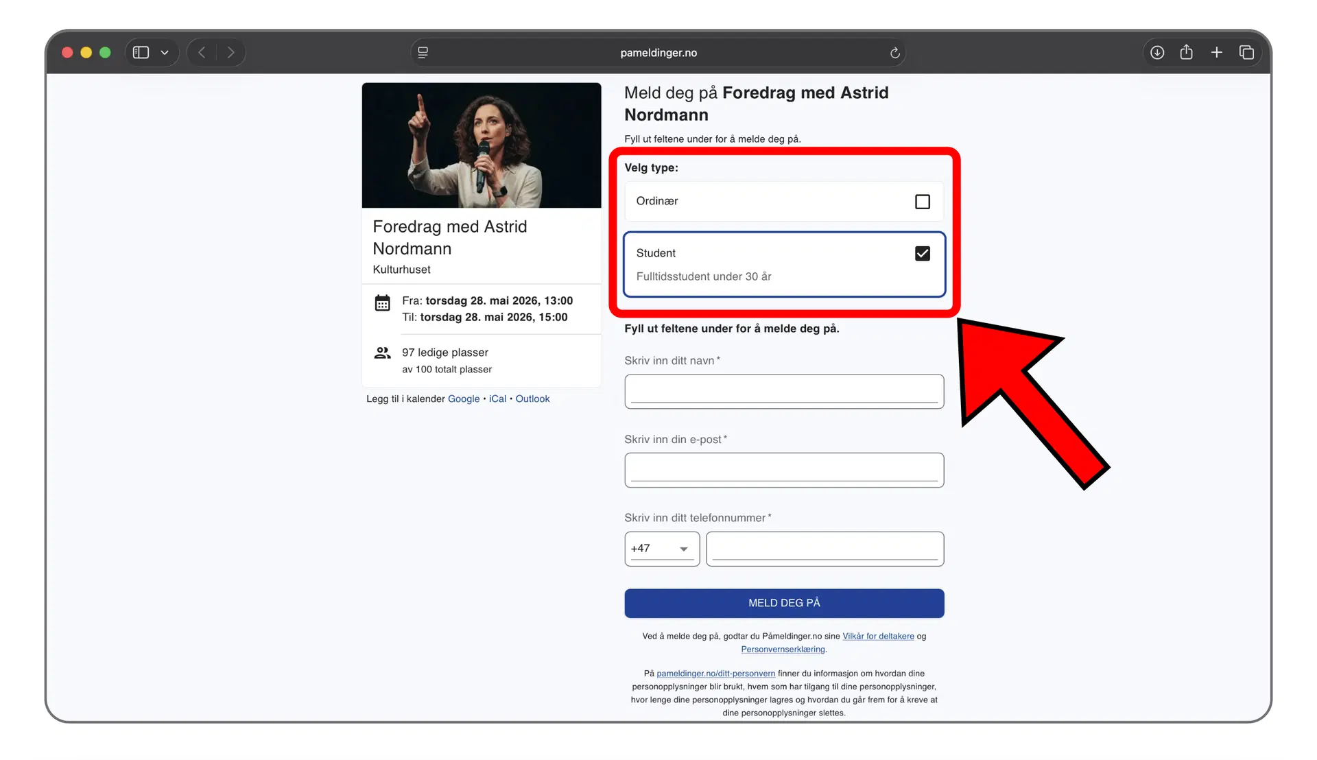Deltakeren velger mellom ulike påmeldingstyper