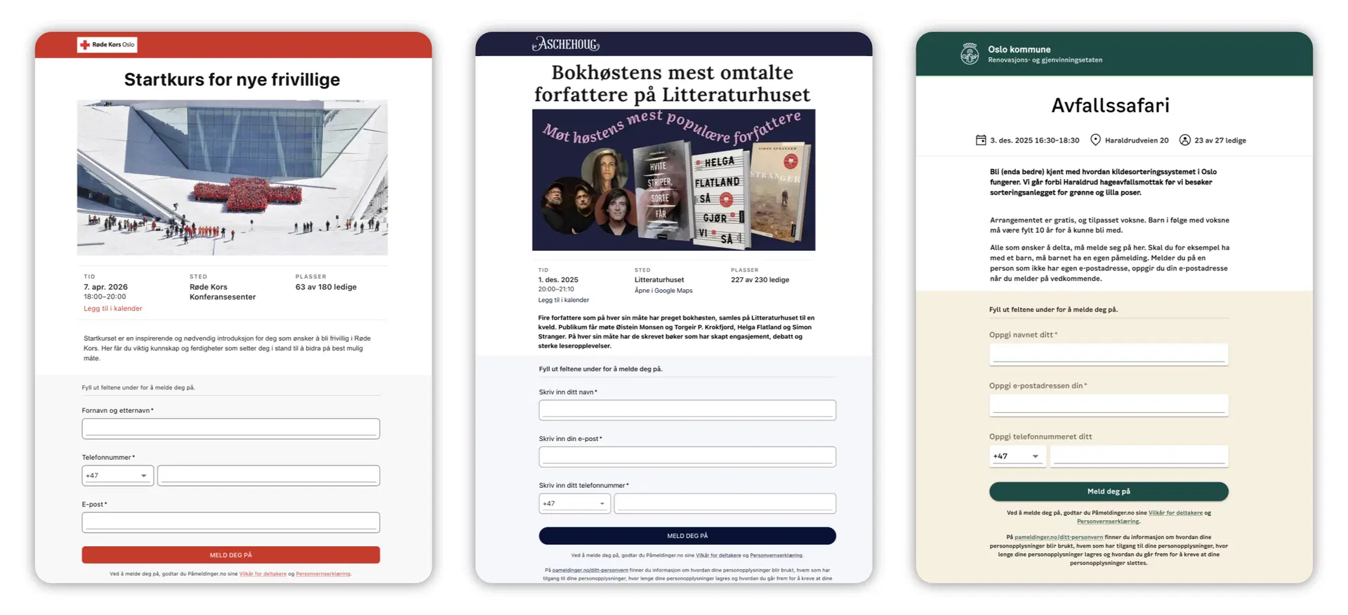Eksempler på ulike påmeldingsskjemaer laget i Påmeldinger.no