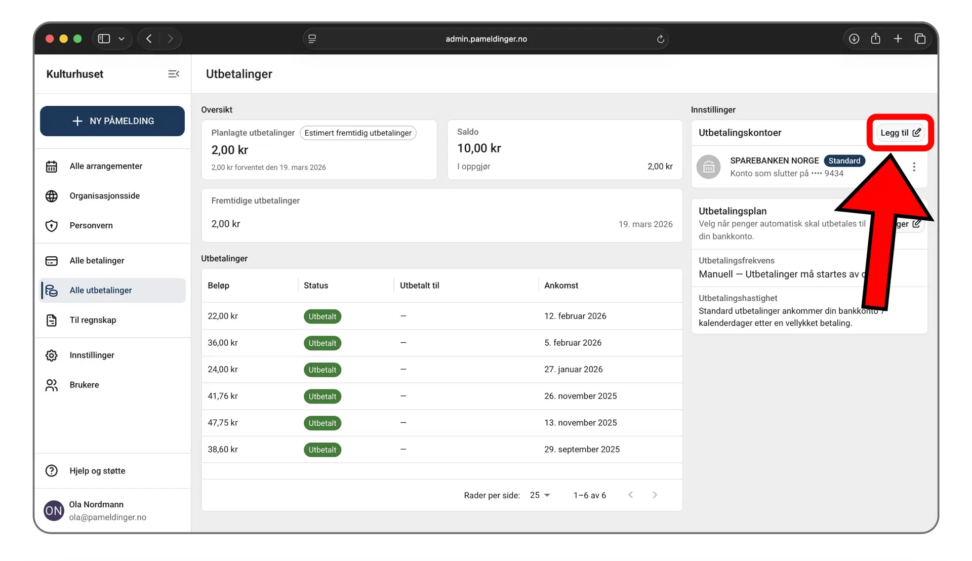 Legg til ny utbetalingskonto i administrasjonspanelet